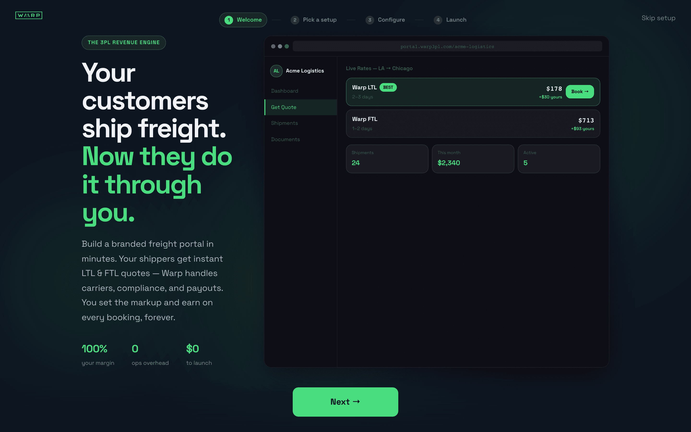 Warp 3PL Partner onboarding welcome screen with live portal preview showing Warp LTL $178 and Warp FTL $713 rates with partner margin