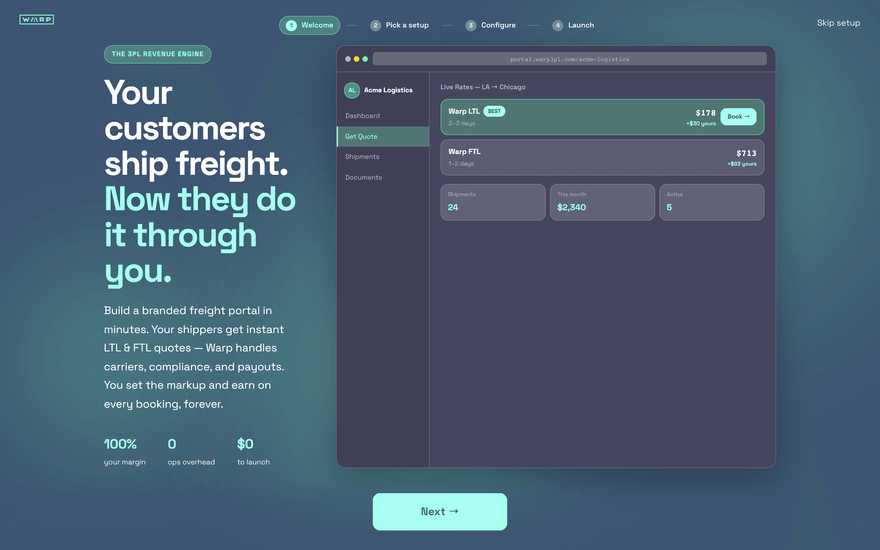 Warp 3PL Partner onboarding welcome screen with live portal preview showing Warp LTL $178 and Warp FTL $713 rates with partner margin