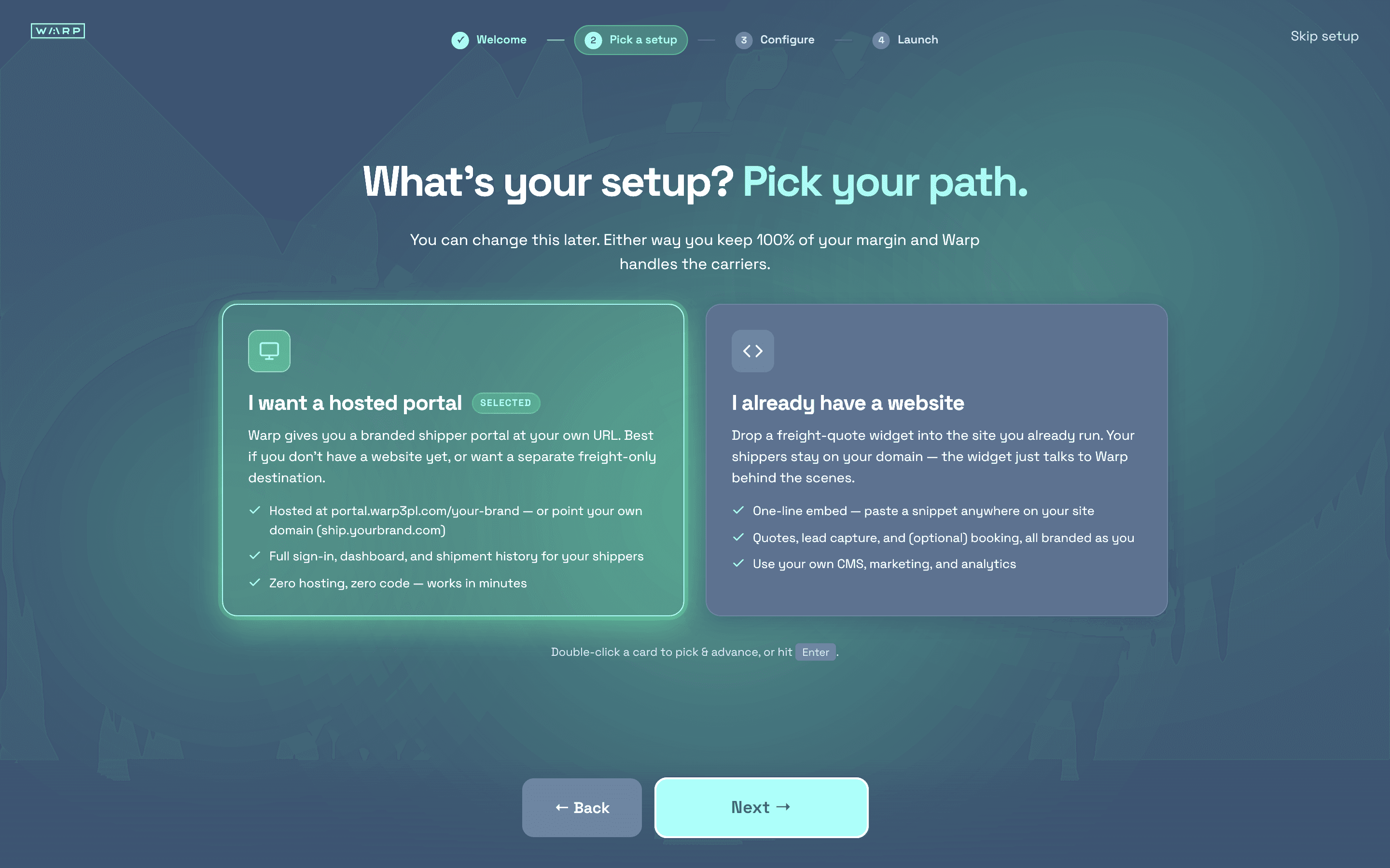 Onboarding step showing two cards: 'I want a hosted portal' and 'I already have a website'