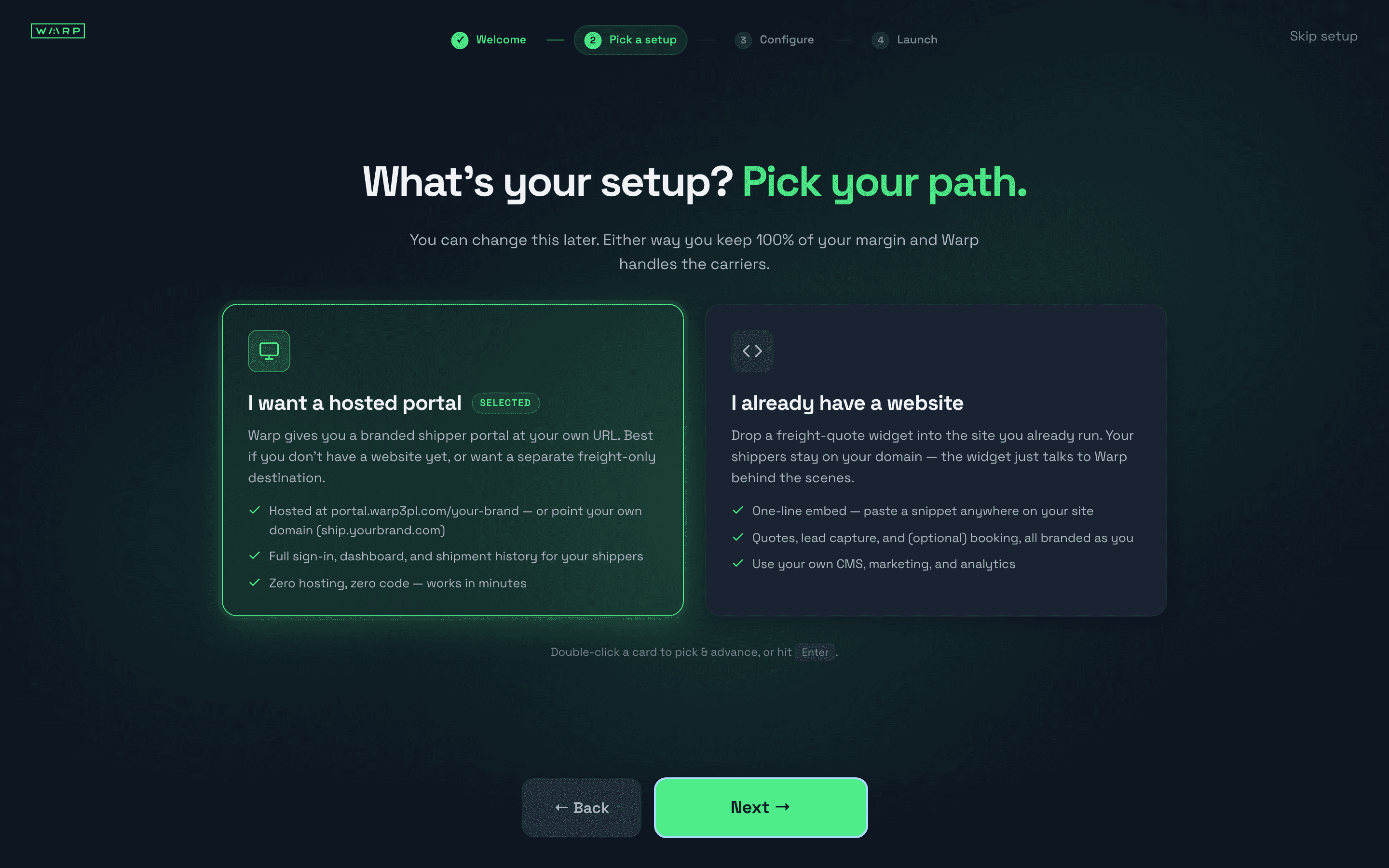 Onboarding step showing two cards: 'I want a hosted portal' and 'I already have a website'