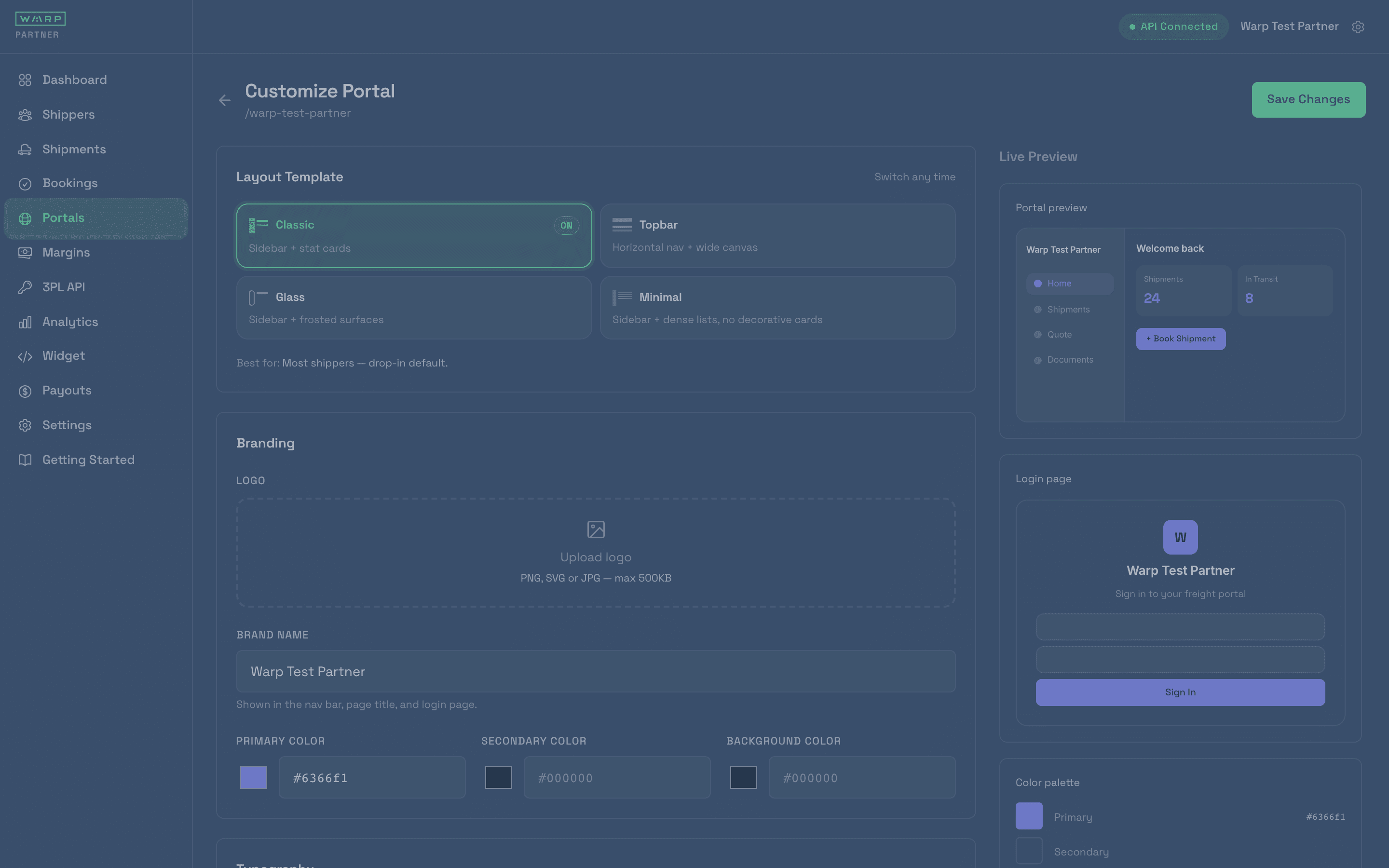Customize Portal page showing the Branding section with logo upload and brand color pickers