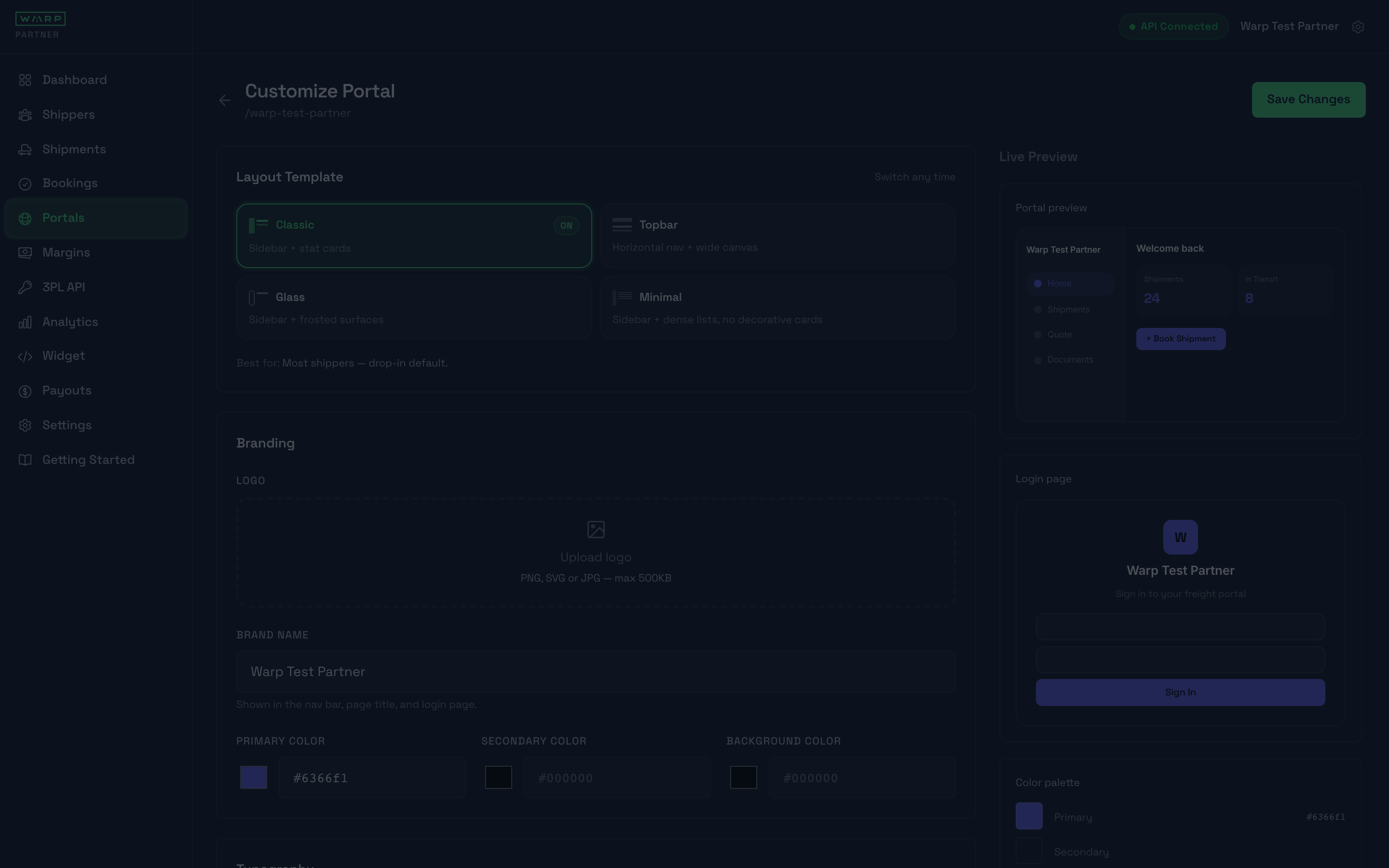 Customize Portal page showing four layout templates and the Branding section with logo upload and brand color pickers