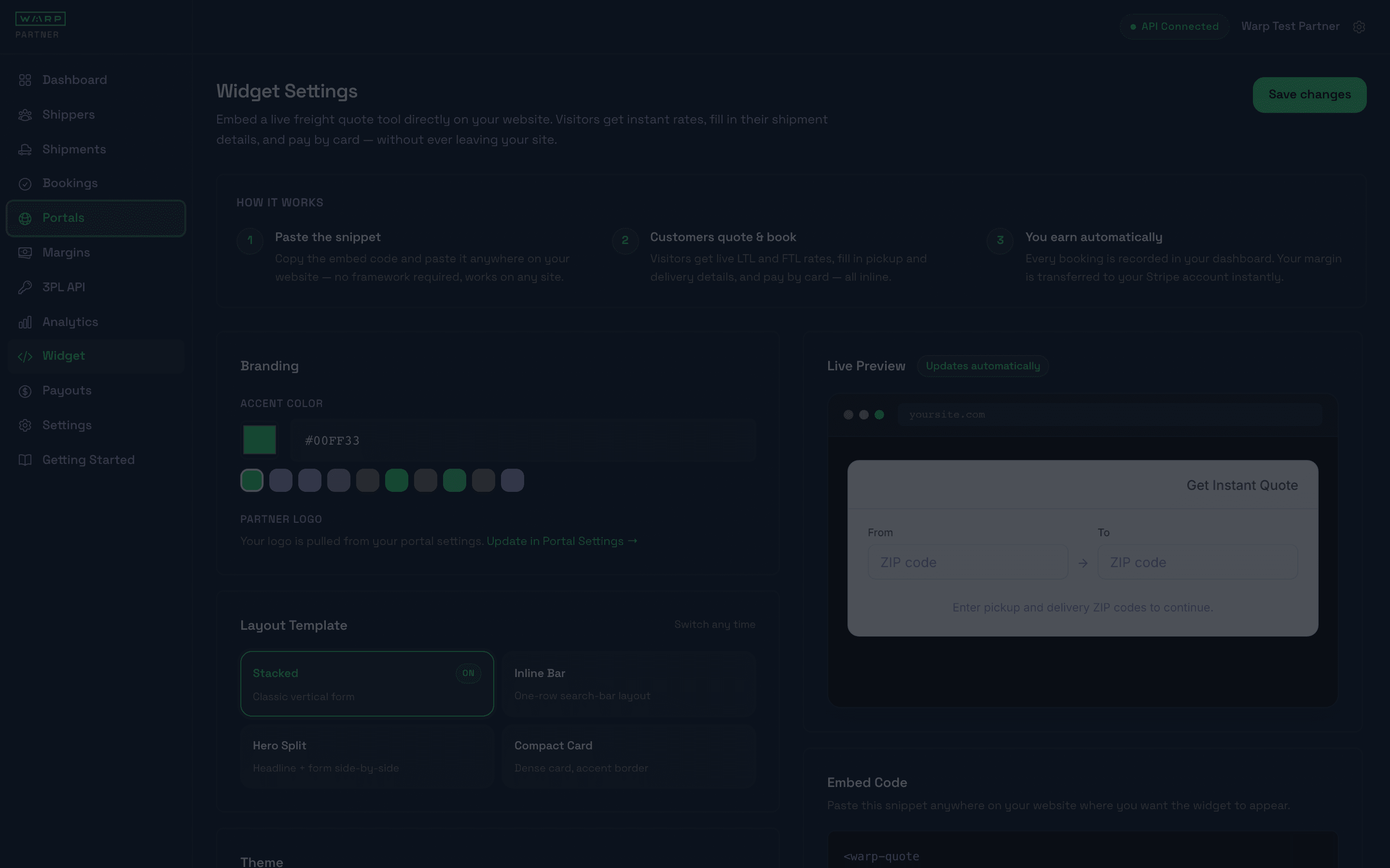 Widget Settings page showing How it Works steps, branding controls with 10 preset accent colors, and a live preview of the freight quote form
