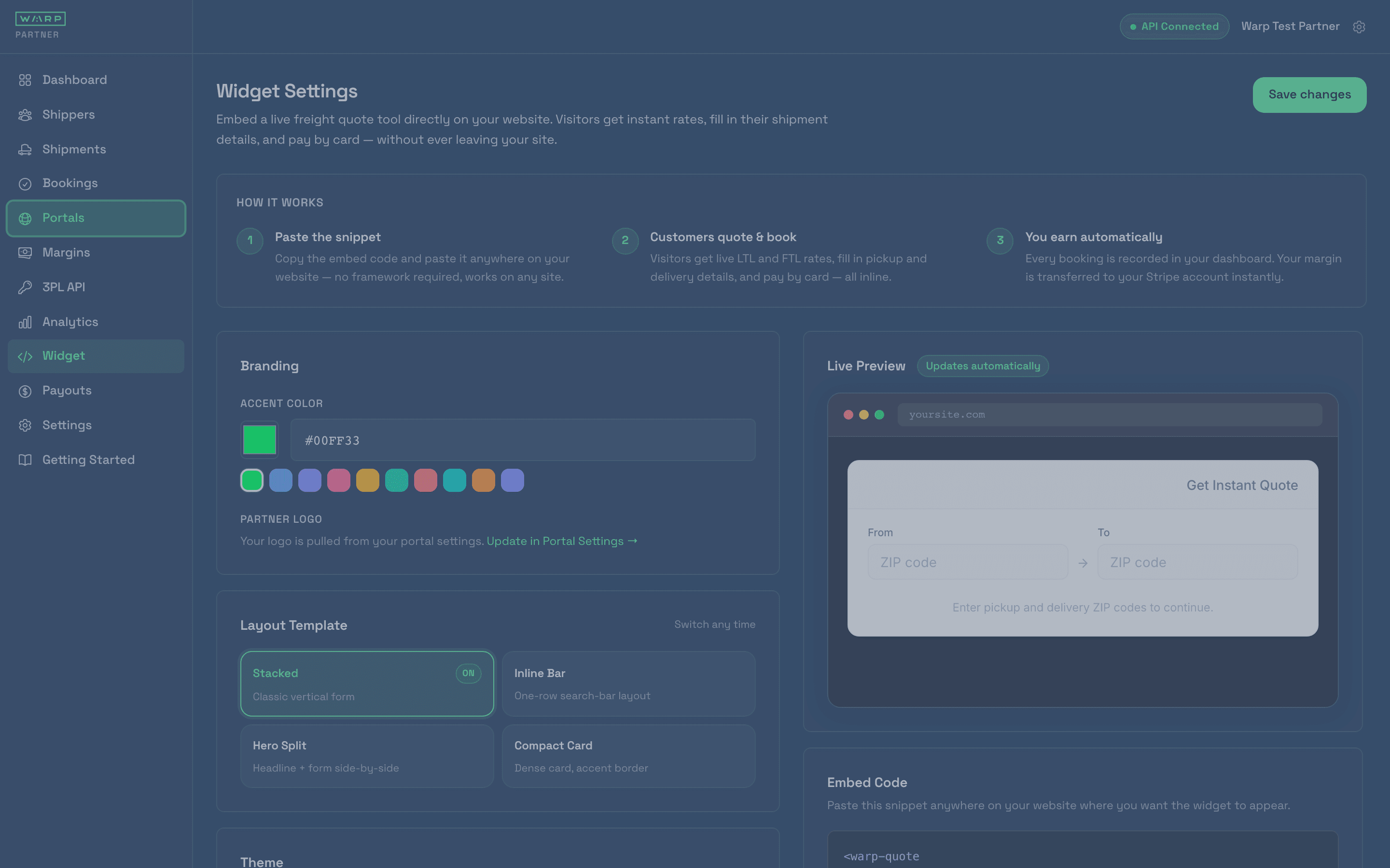Widget Settings page showing How it Works steps, branding controls with 10 preset accent colors, and a live preview of the freight quote form