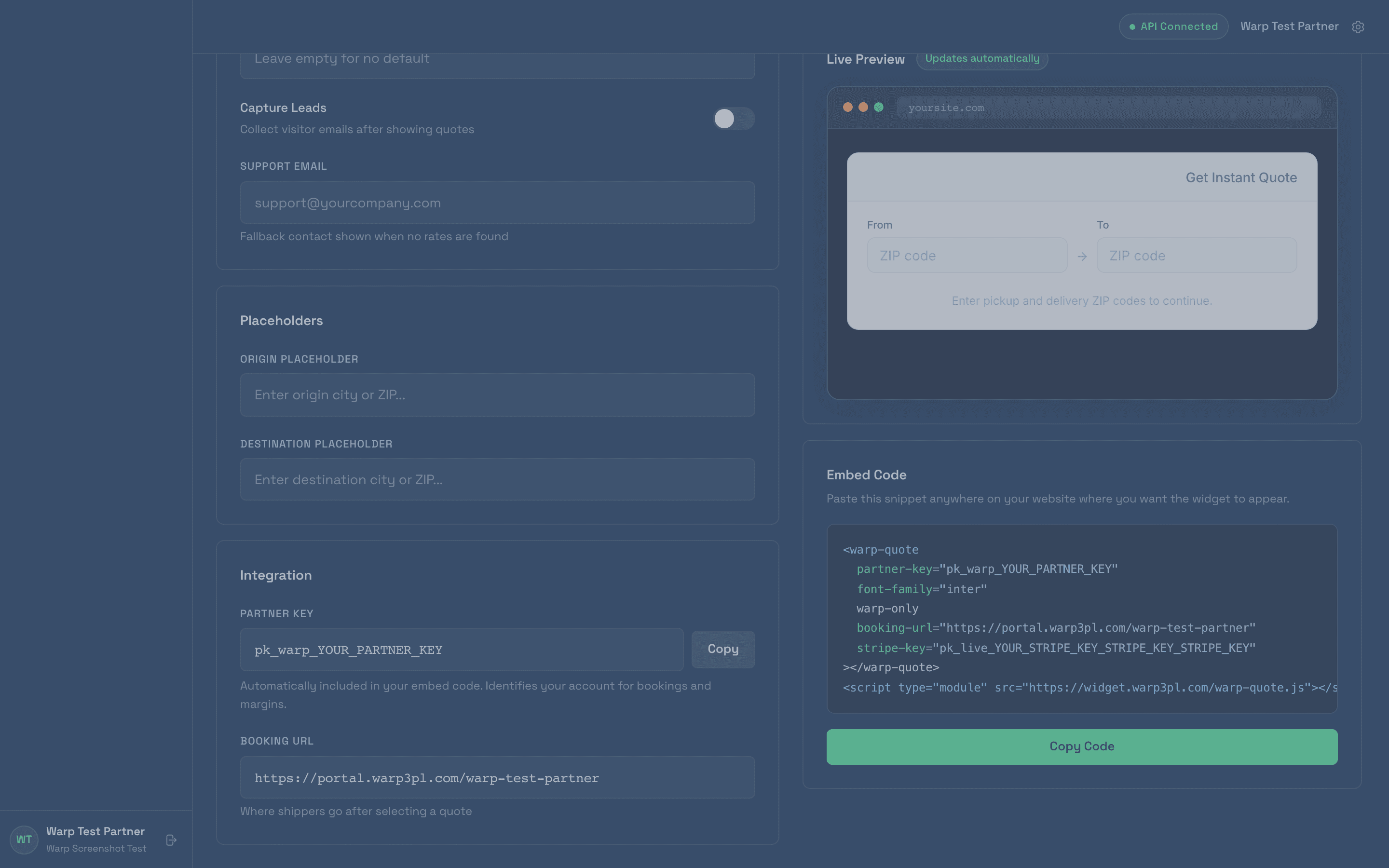 Widget live preview alongside copy-paste embed code with partner-key, booking-url, and Stripe-key parameters