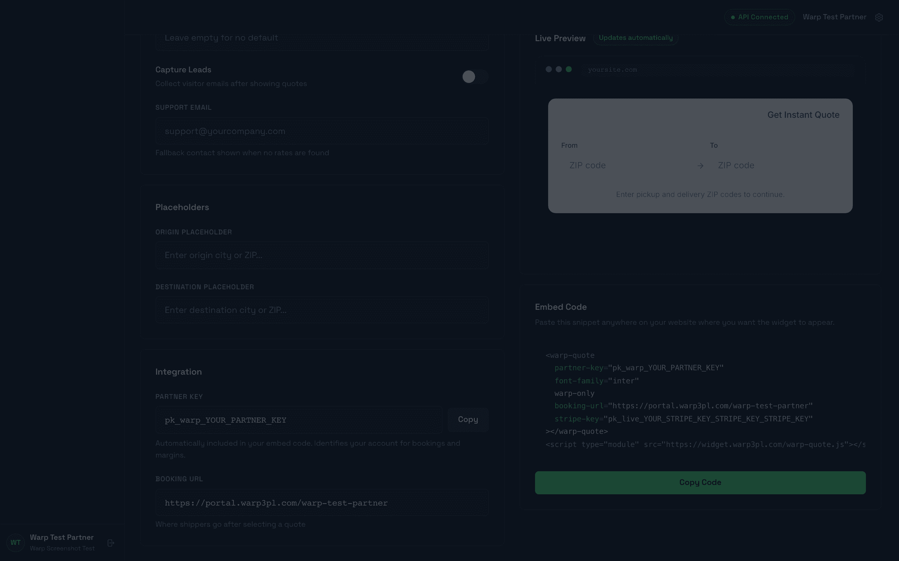 Widget live preview alongside copy-paste embed code with partner-key, booking-url, and Stripe-key parameters