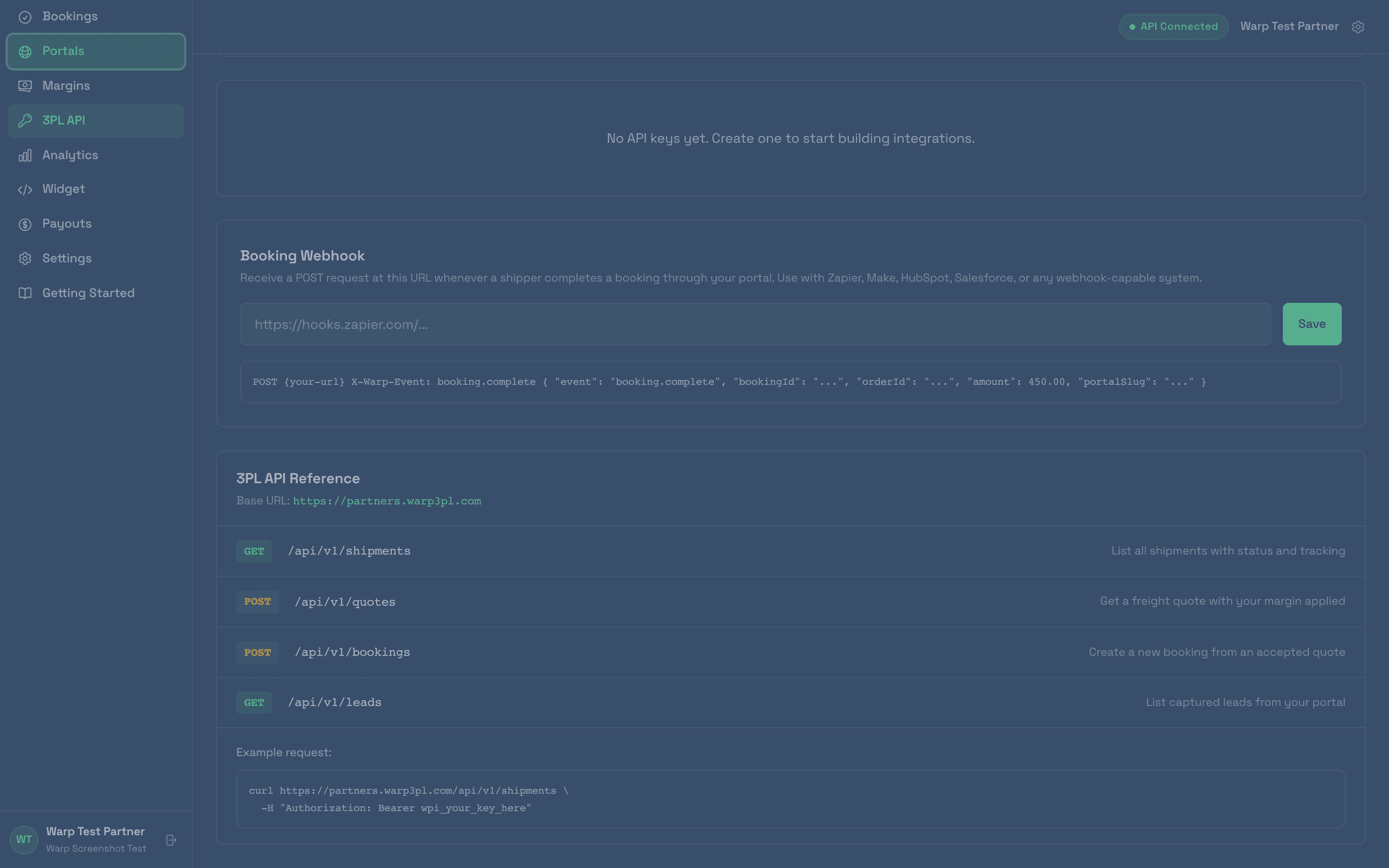 3PL API Reference page listing GET and POST endpoints for shipments, quotes, bookings, and leads plus an example curl request