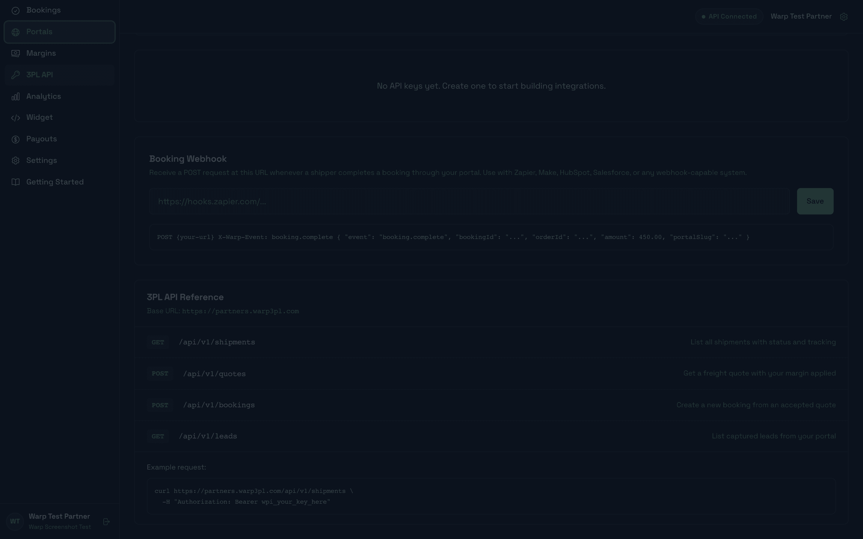3PL API Reference page listing GET and POST endpoints for shipments, quotes, bookings, and leads plus an example curl request