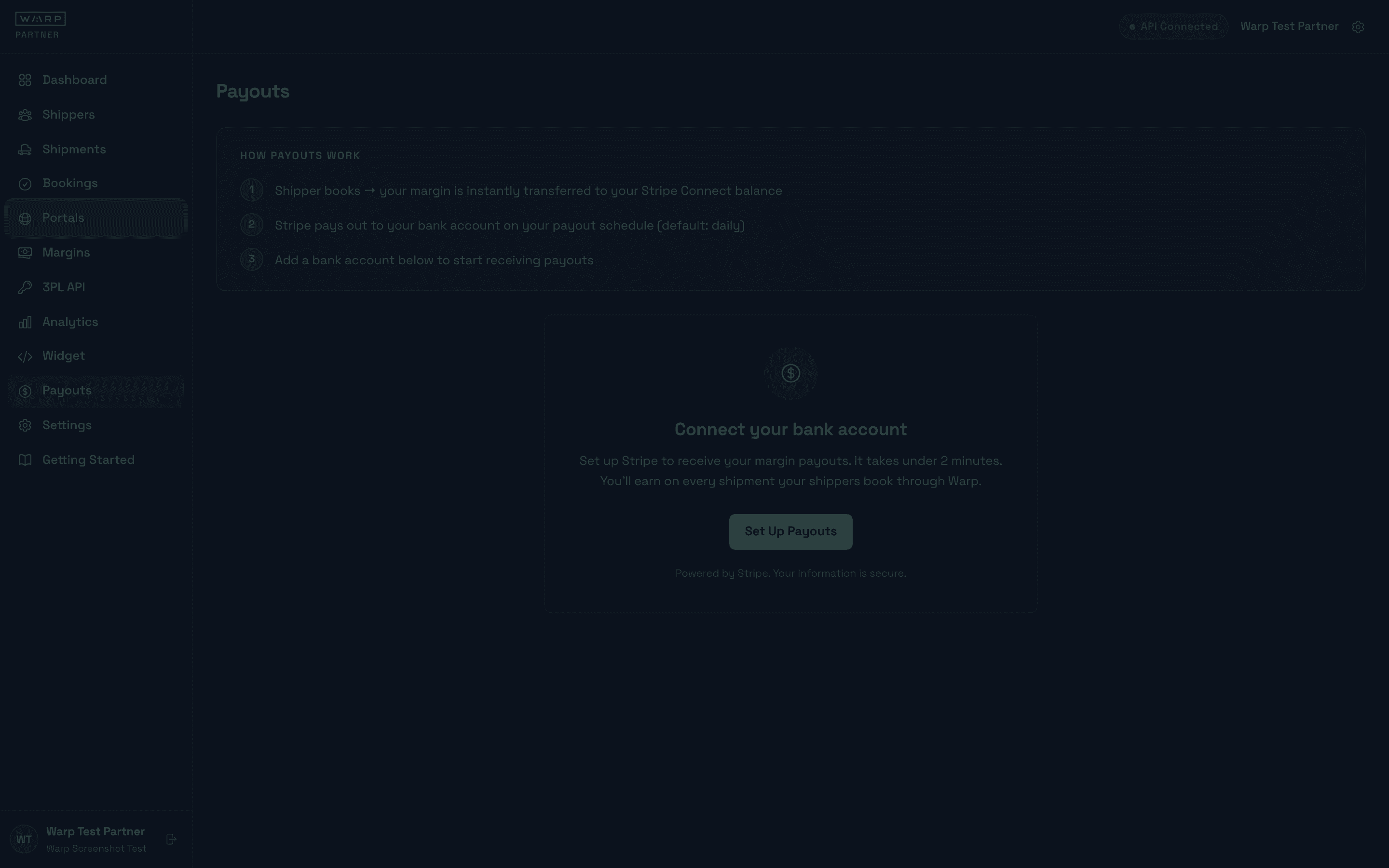 Payouts page showing the three-step money flow from shipper booking to Stripe Connect balance to bank account, with a Set Up Payouts button