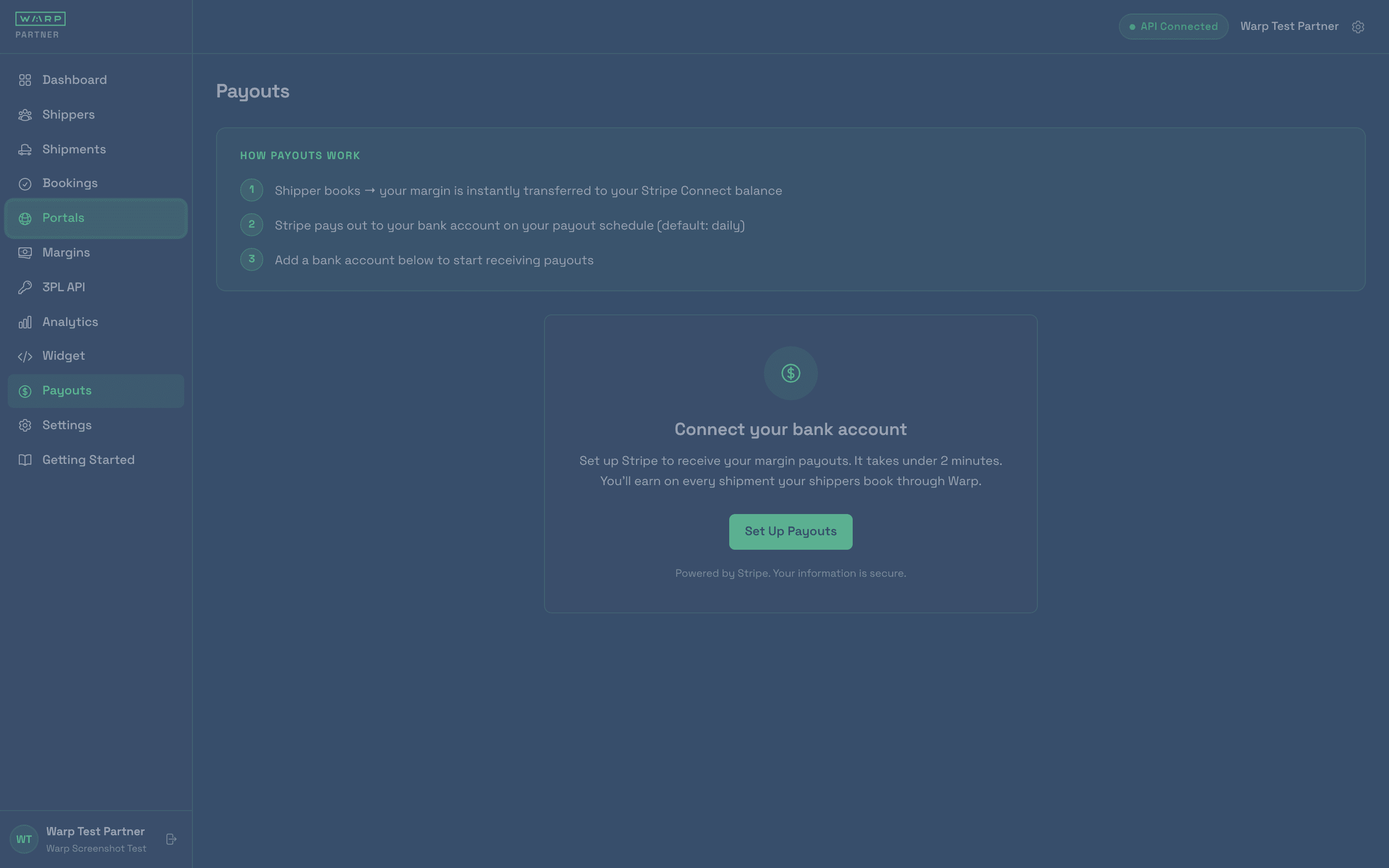 Payouts page showing the three-step money flow from shipper booking to Stripe Connect balance to bank account, with a Set Up Payouts button