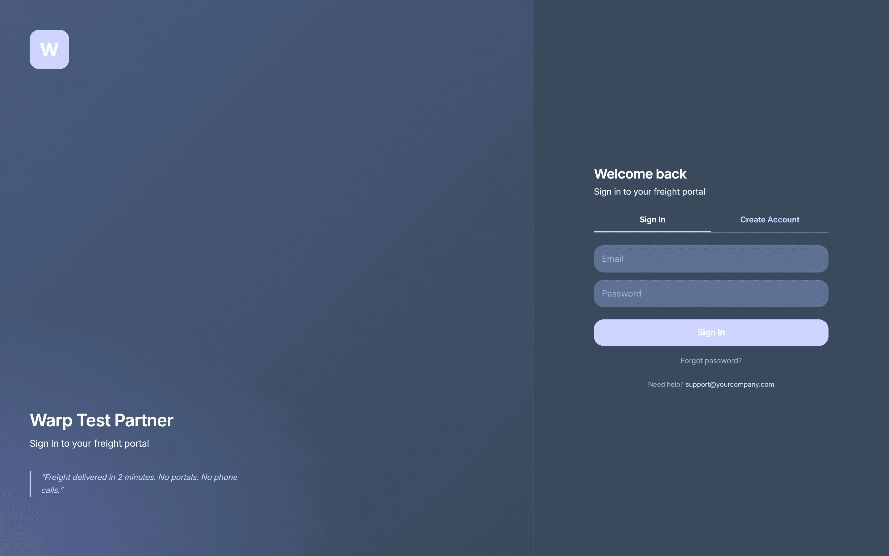 White-label shipper-facing portal login page showing the partner's brand with no Warp branding visible
