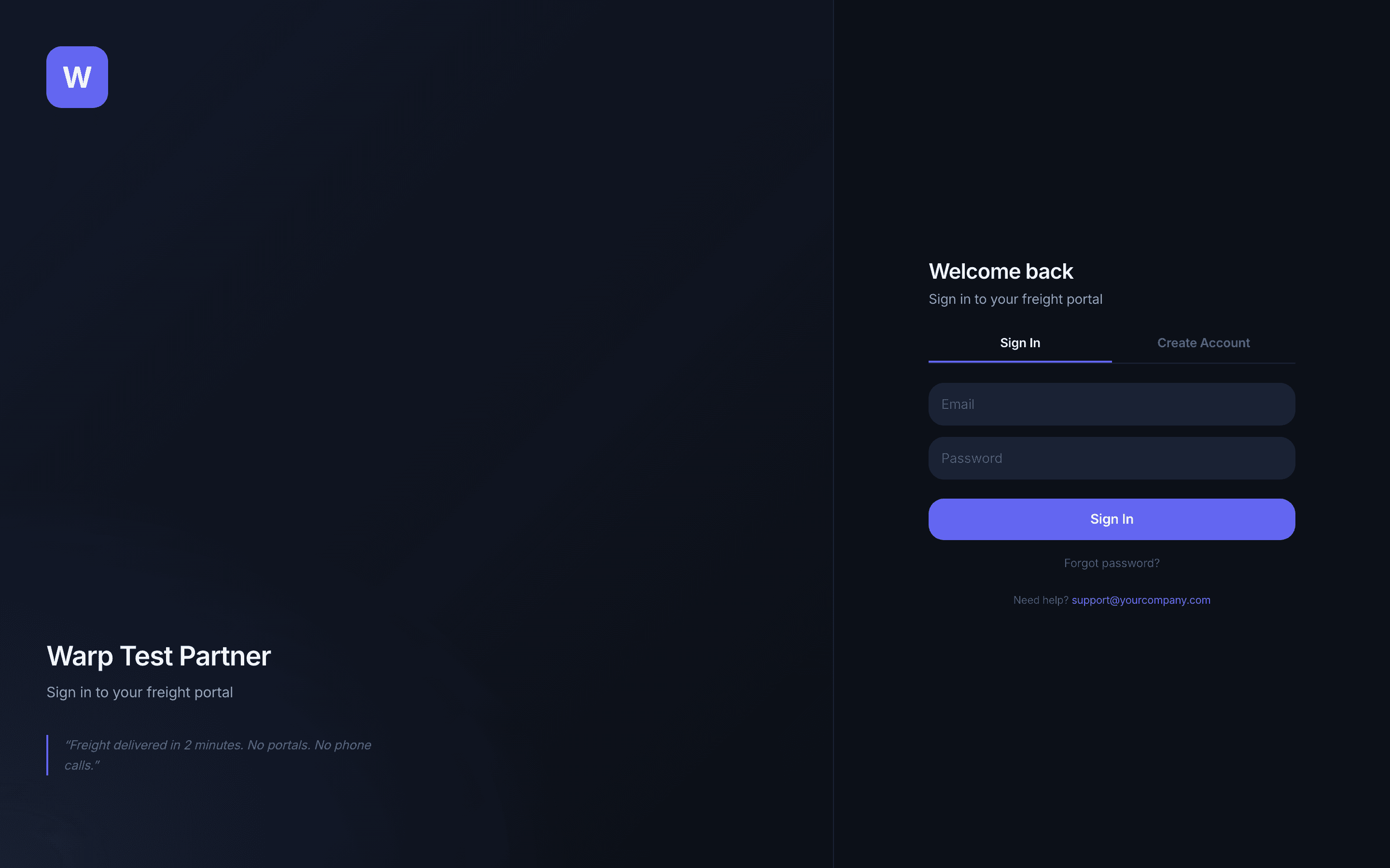 White-label shipper-facing portal login page showing the partner's brand with no Warp branding visible