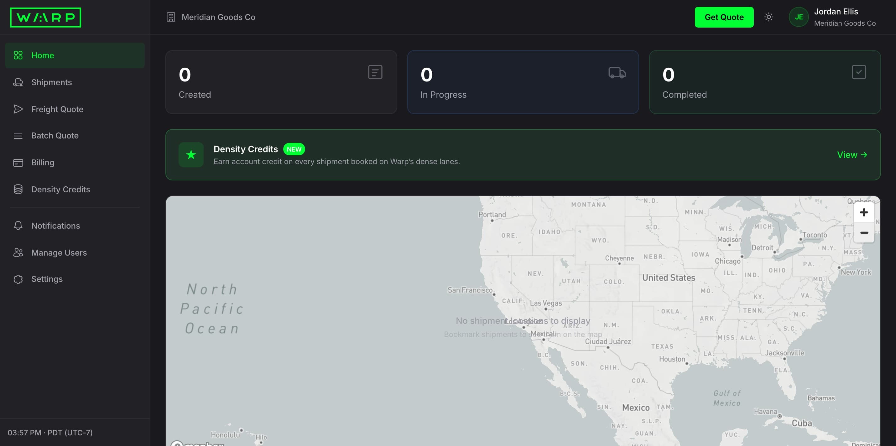 Warp customer portal dashboard showing shipment status cards, a lane map, and navigation