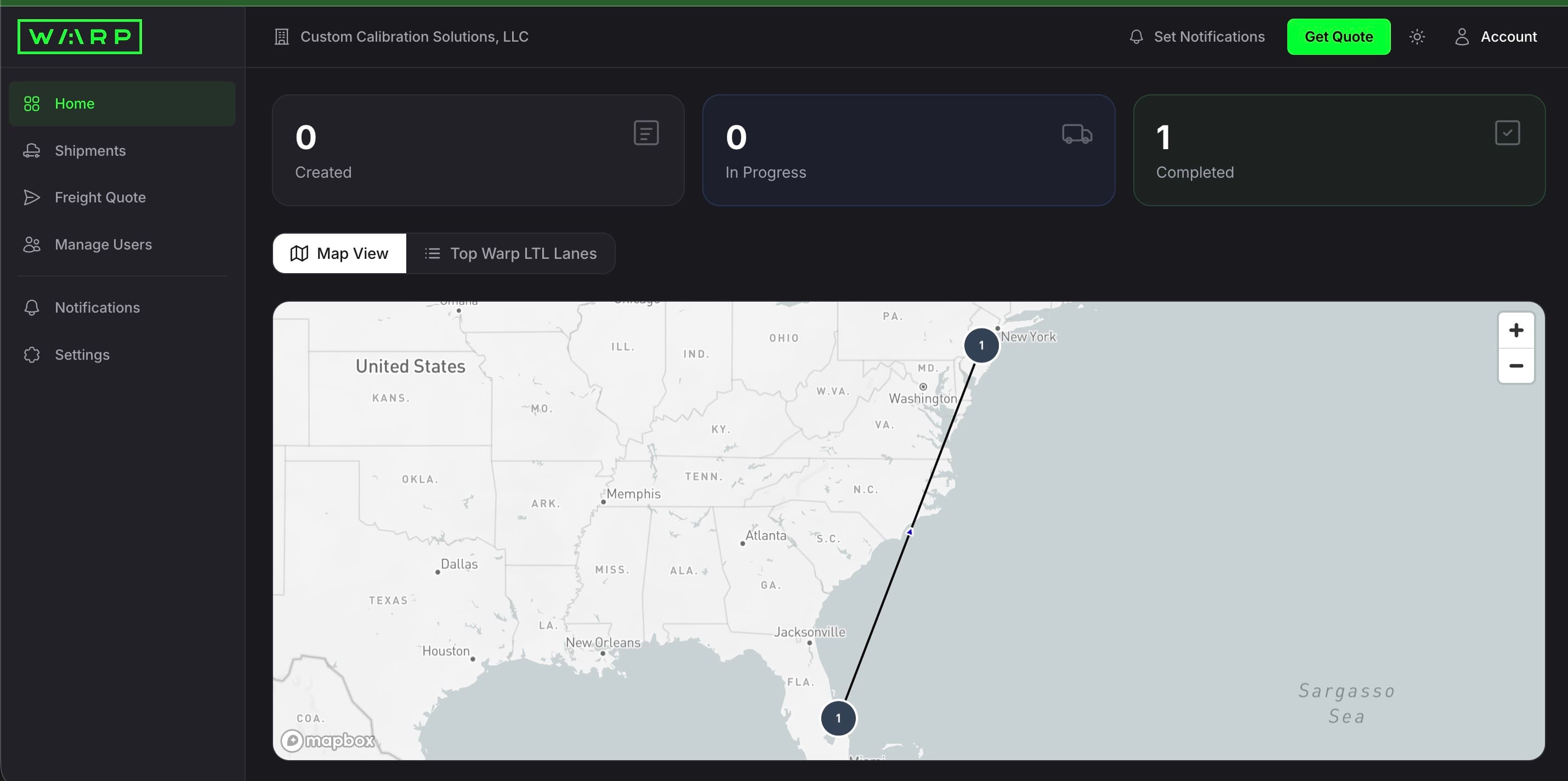 Warp customer portal dashboard showing shipment status cards, a lane map, and navigation