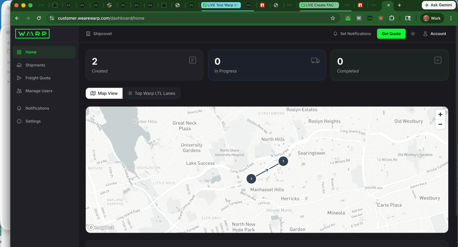 Warp customer dashboard Home page with Map View tab active, showing live shipment routes on a Mapbox map of the New York area with pickup and delivery markers