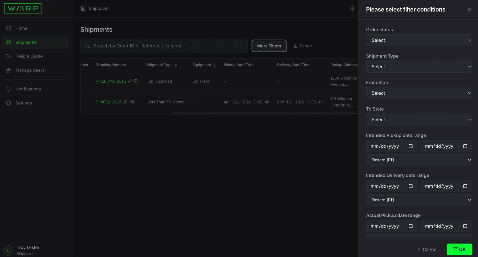 Warp Shipments page with the More Filters drawer open, showing filters for Order status, Shipment Type, From State, To State, and date ranges for Intended Pickup, Intended Delivery, and Actual Pickup