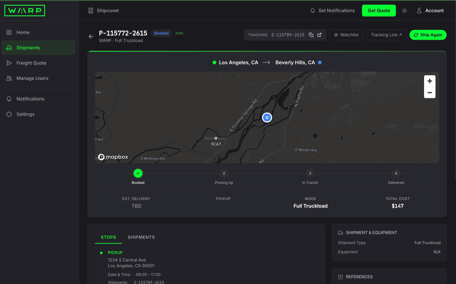 Shipment P-115772-2615 detail page showing the Booked status, Los Angeles to Beverly Hills route on a live map, and a 4-stage progress bar with the Booked stage marked complete
