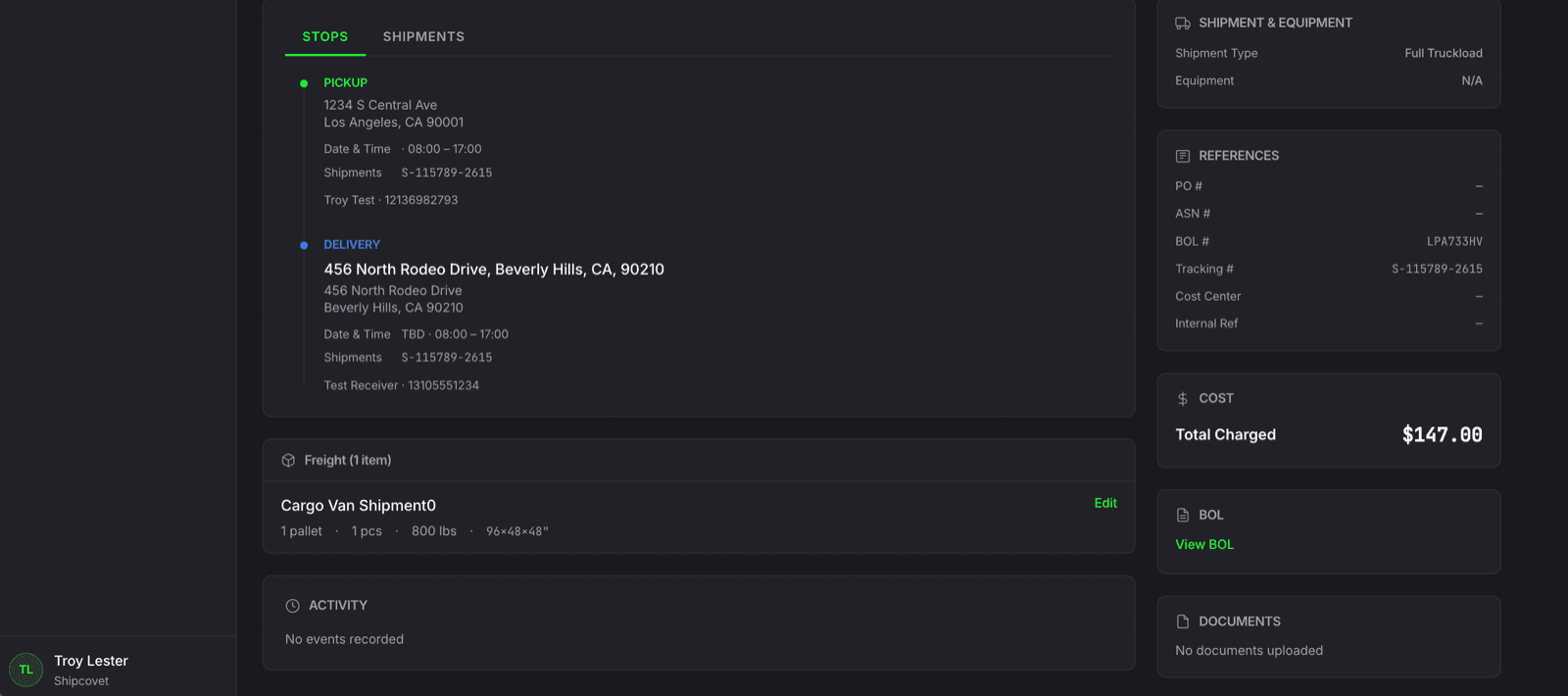 Shipment detail bottom showing Stops with pickup and delivery addresses, freight items (Cargo Van Shipment, 1 pallet 800 lbs), and the right rail with References (PO, ASN, BOL, Tracking, Cost Center), Cost ($147.00), BOL (View BOL link), and Documents