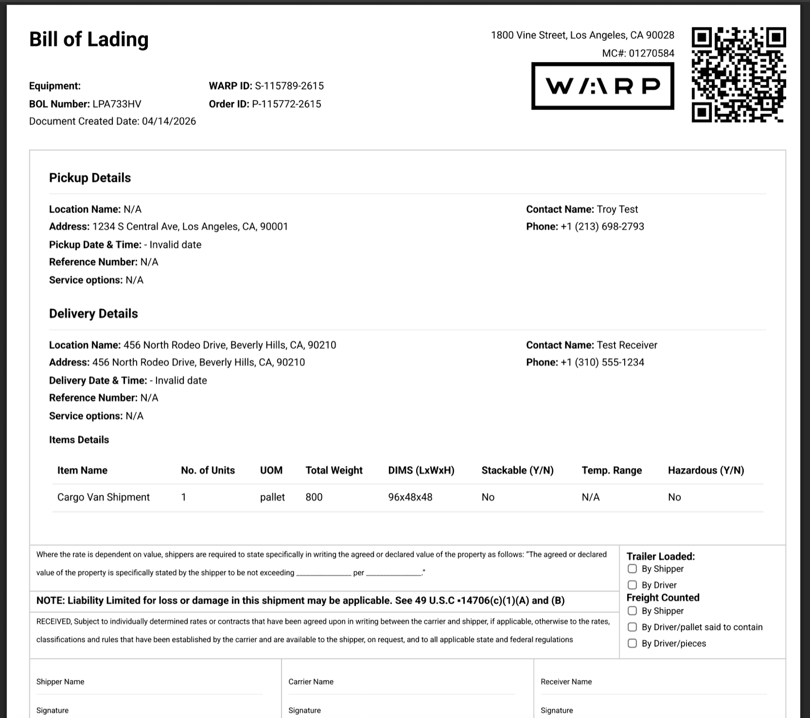 Generated Warp Bill of Lading PDF showing equipment, pickup details for Los Angeles, delivery details for Beverly Hills, items table with Cargo Van Shipment (1 pallet, 800 lbs, 96x48x48), and liability notice