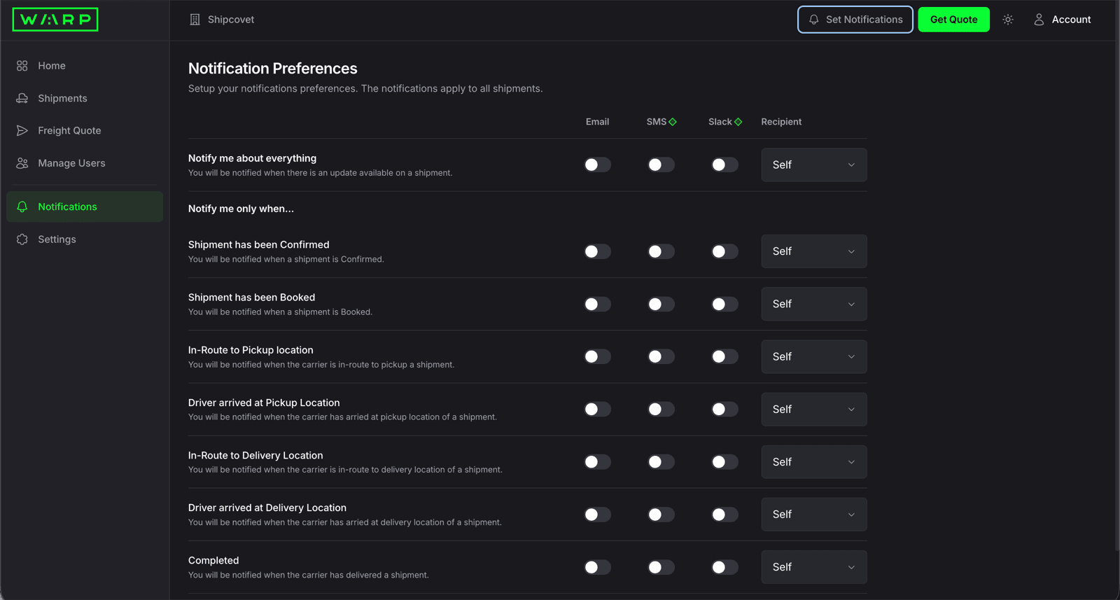Warp Notification Preferences page with Email, SMS, and Slack toggle columns for each shipment milestone event including Confirmed, Booked, In-Route to Pickup, Driver Arrived at Pickup, In-Route to Delivery, Driver Arrived at Delivery, and Completed