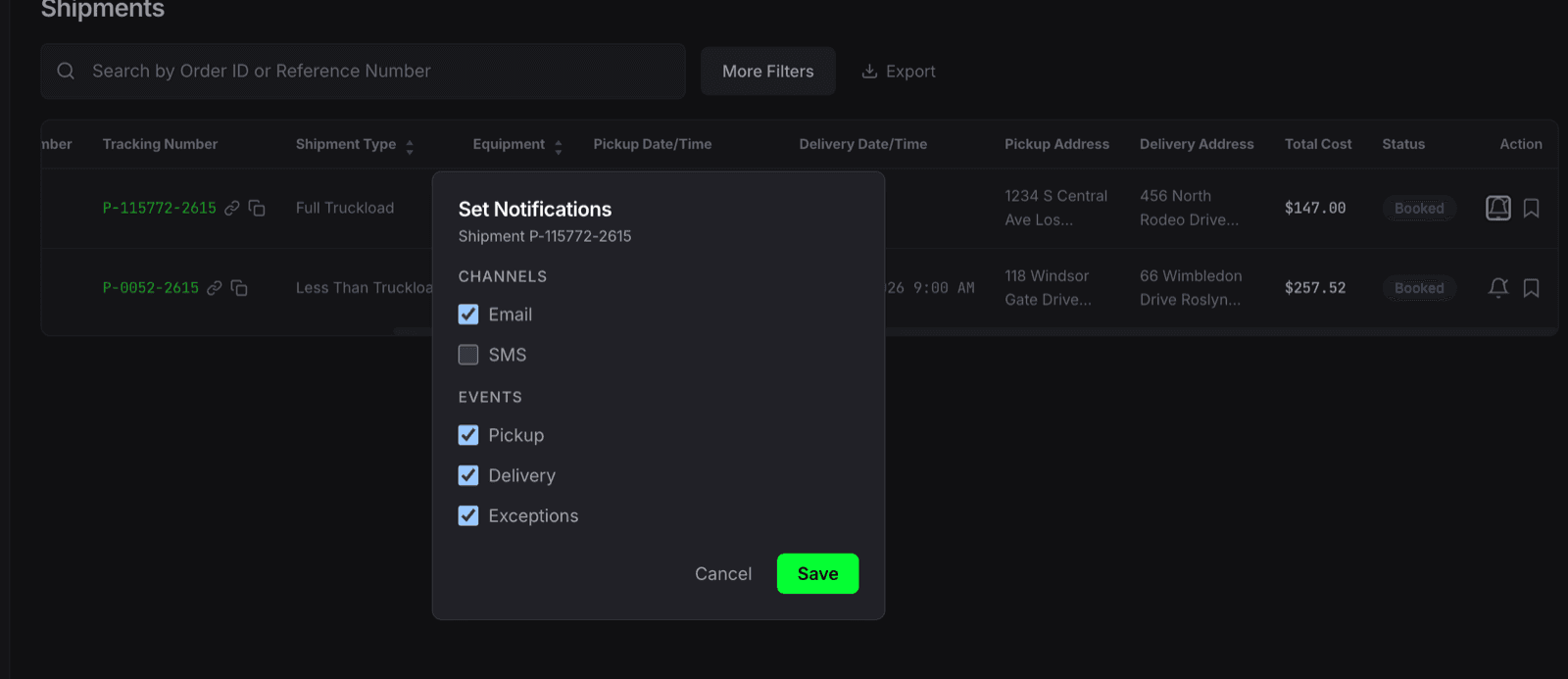 Set Notifications modal for shipment P-115772-2615 showing Channel toggles for Email (checked) and SMS, and Event toggles for Pickup, Delivery, and Exceptions (all checked), with Cancel and Save buttons
