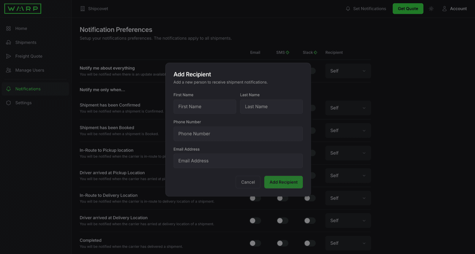 Add Recipient modal on the Notifications page with fields for First Name, Last Name, Phone Number, and Email Address