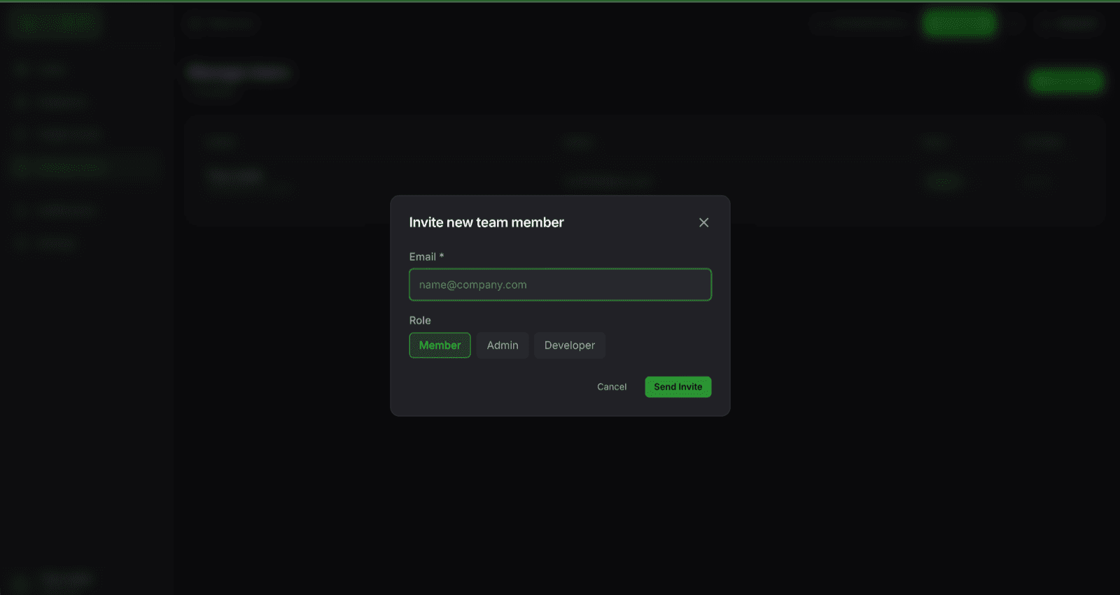 Invite new team member modal on the Manage Users page showing Email field and three role options: Member (selected), Admin, and Developer, with a Send Invite button
