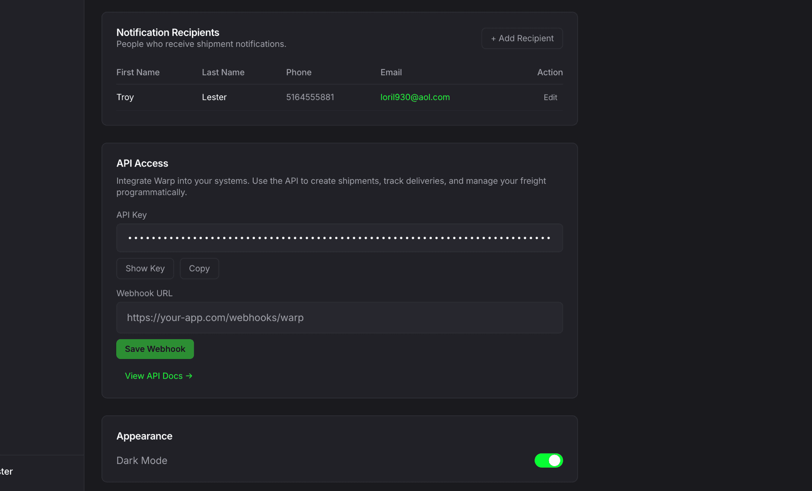 Settings page sections showing API Access (with masked API Key, Show Key and Copy buttons, Webhook URL field, and View API Docs link) and Appearance (Dark Mode toggle)