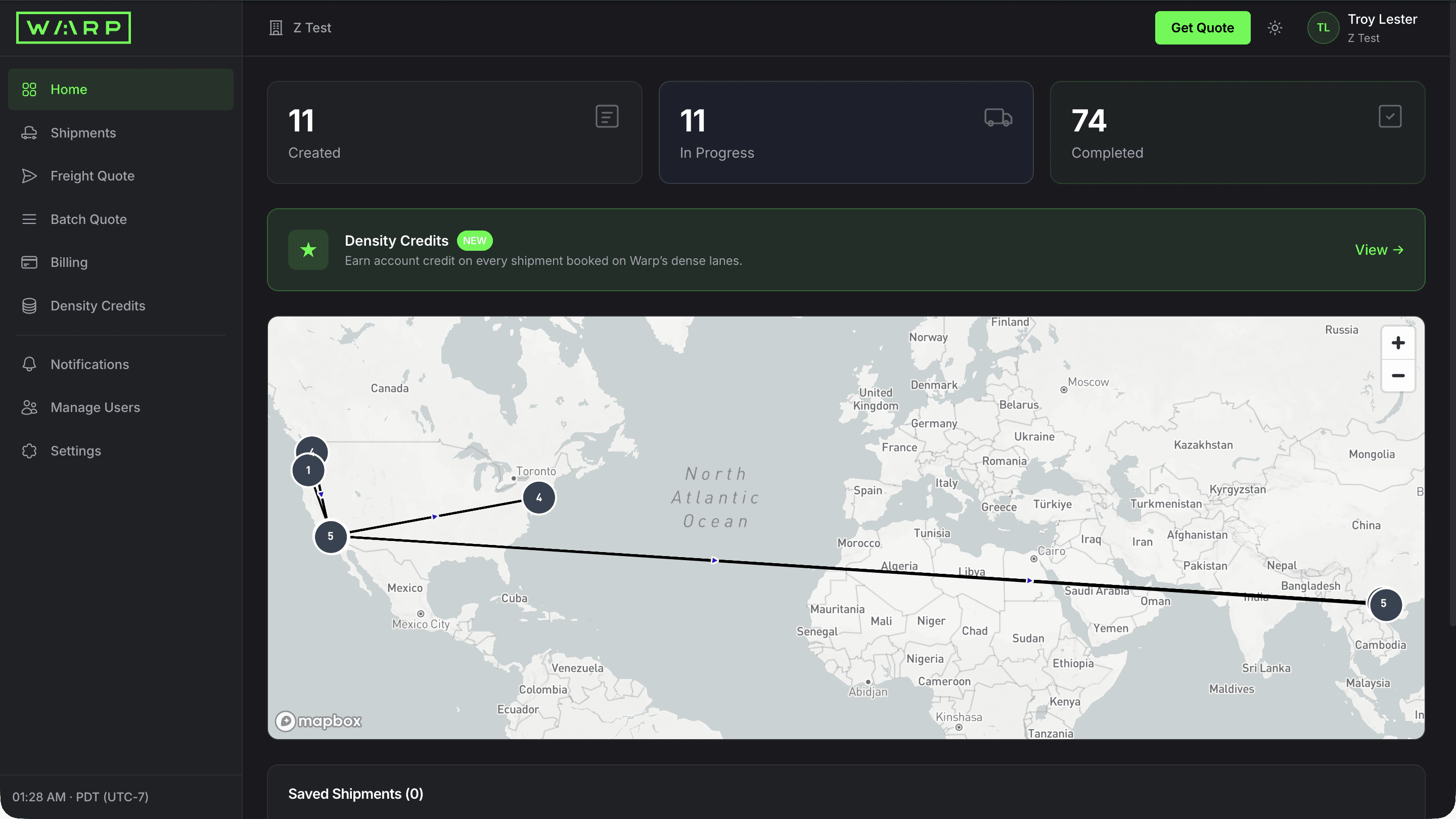 Warp portal dashboard home showing stat cards for 11 Created, 11 In Progress, and 74 Completed shipments, a Density Credits banner, and a map with shipment location markers