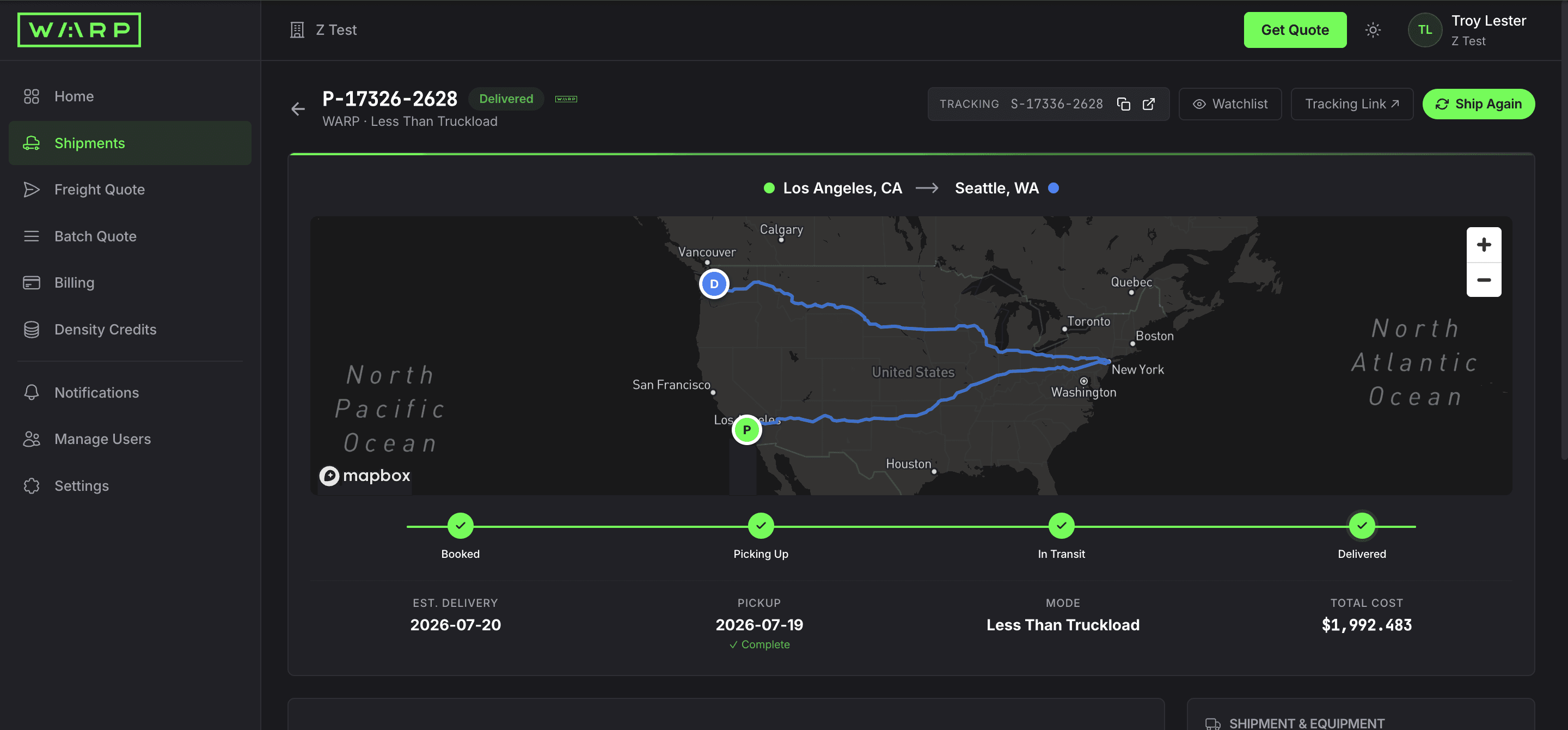 Warp portal shipment detail with the route on a live GPS map and a four-stage progress bar: Booked, Picking Up, In Transit, Delivered