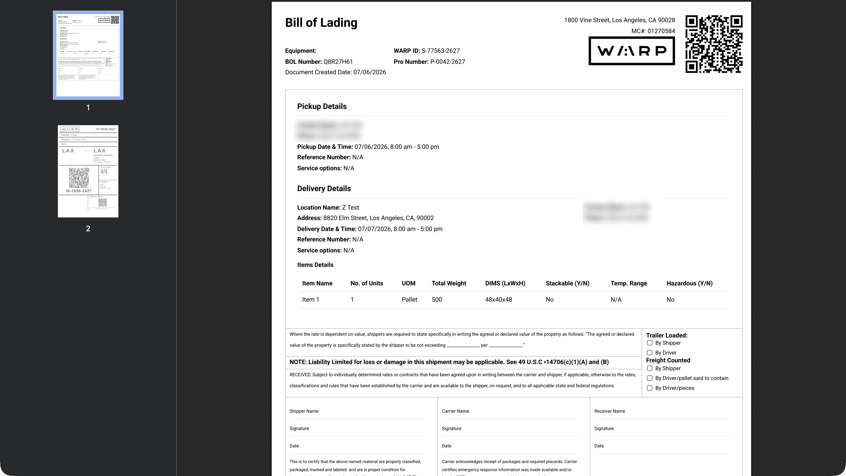 Auto-generated Bill of Lading PDF with WARP logo, QR code, shipment IDs, pickup and delivery details, items table, Carmack Amendment liability notice, and signature lines