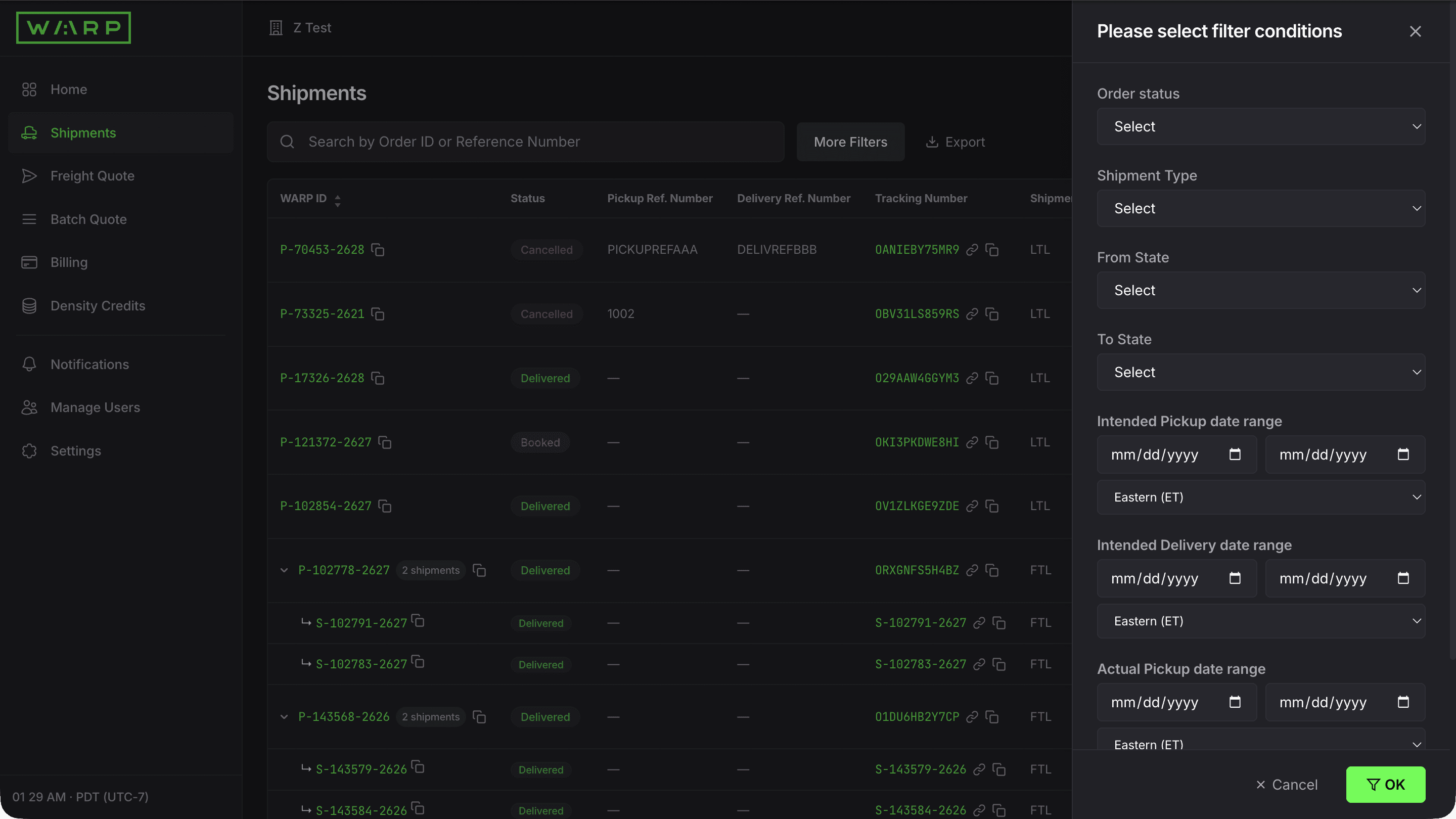 Shipments list with columns for WARP ID, Shipment Type, Equipment, dates, addresses, cost, and status, with a More Filters drawer showing dropdowns and date range pickers