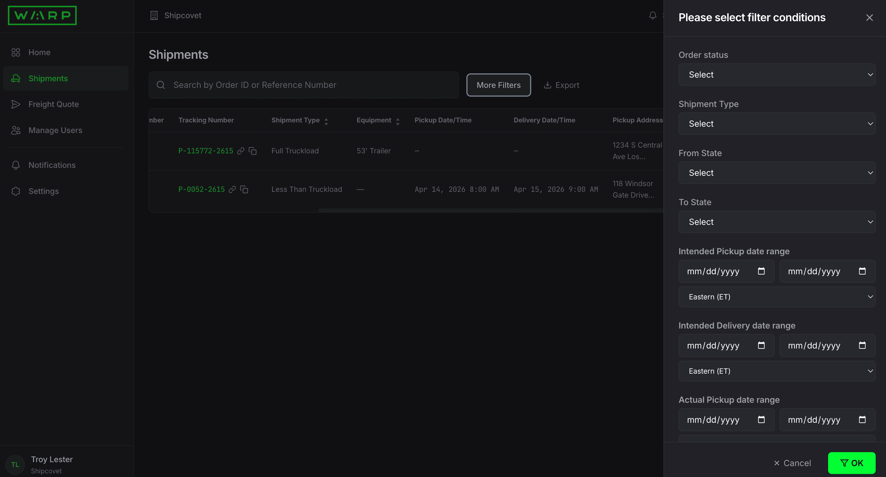 Shipments list with columns for WARP ID, Shipment Type, Equipment, dates, addresses, cost, and status, with a More Filters drawer showing dropdowns and date range pickers