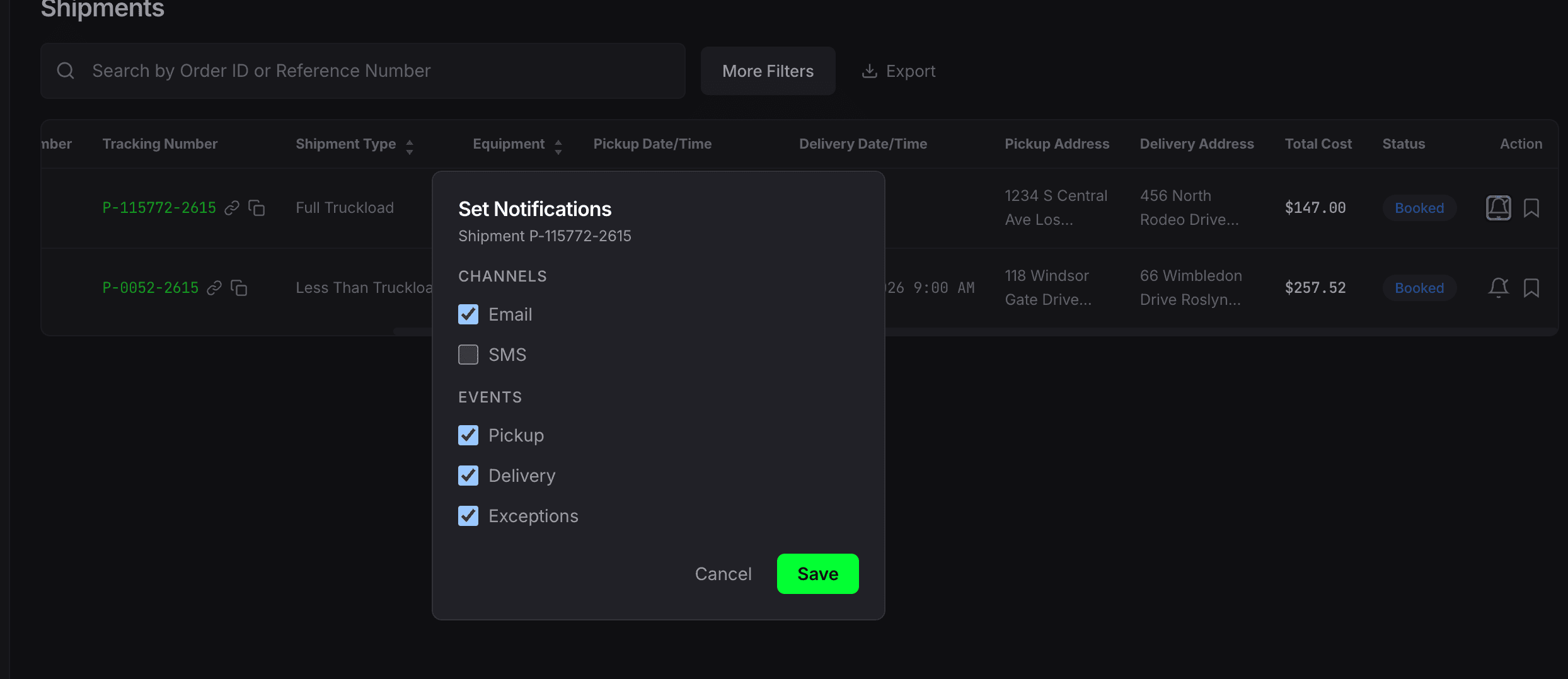 Set Notifications modal for Shipment P-115772-2615 showing Channels Email (checked) and SMS (unchecked), Events Pickup (checked) Delivery (checked) Exceptions (checked), with Cancel and Save buttons