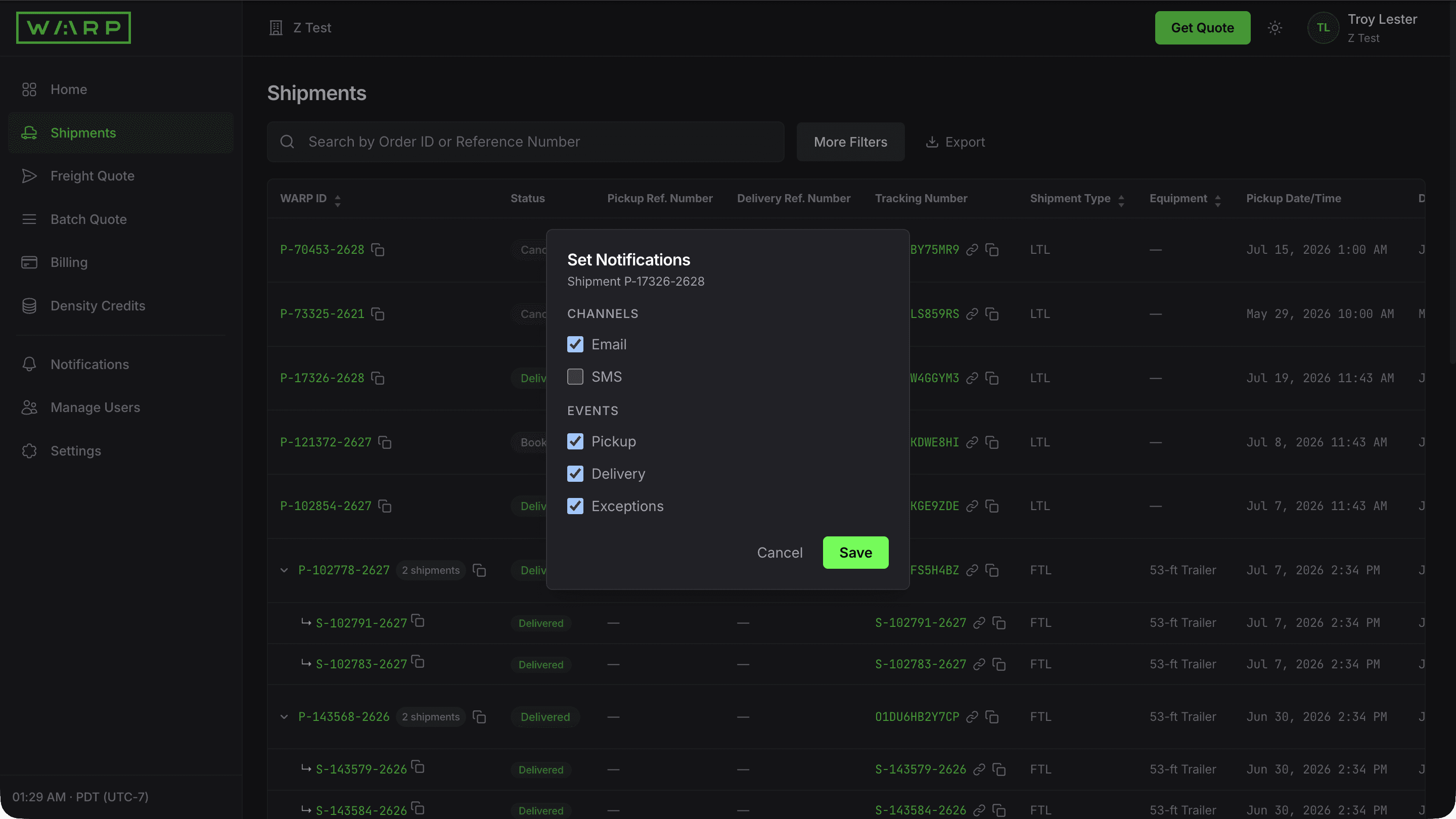 Set Notifications modal scoped to a single shipment with Email and SMS channel checkboxes and Pickup, Delivery, and Exceptions event checkboxes