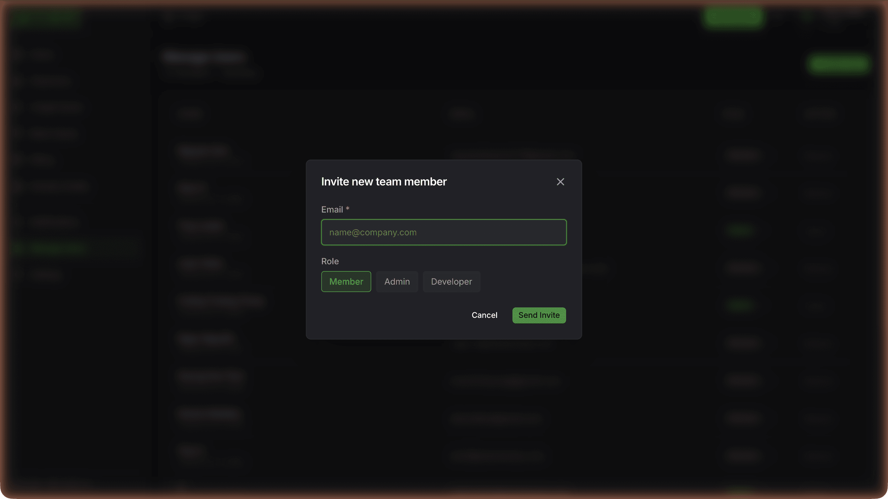 Invite new team member modal with Email field and three role buttons: Member (selected), Admin, and Developer, with a Send Invite button
