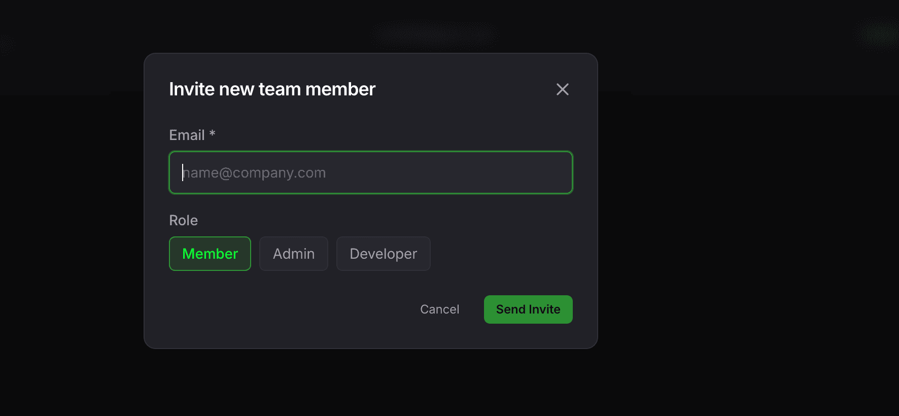 Invite new team member modal with Email field and three role buttons: Member (selected), Admin, and Developer, with a Send Invite button