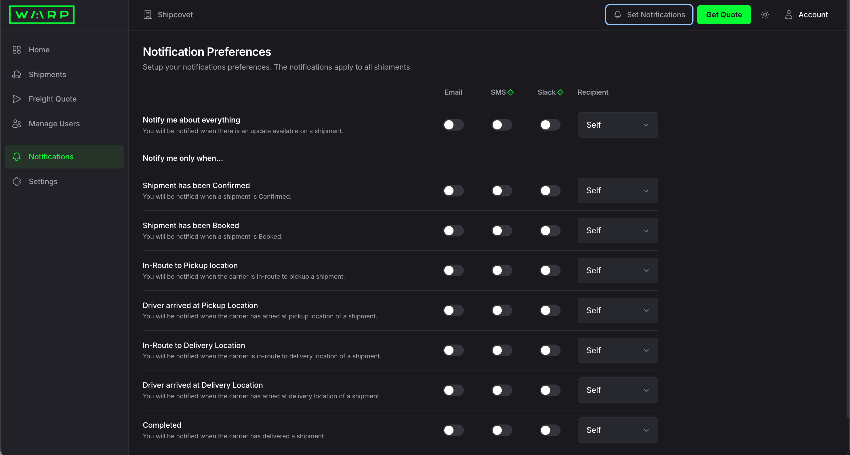 Notification Preferences page with 9 event rows (Confirmed, Booked, In-Route to Pickup, Driver Arrived at Pickup, In-Route to Delivery, Driver Arrived at Delivery, Completed) each with Email, SMS, and Slack toggles and a Recipient dropdown set to Self