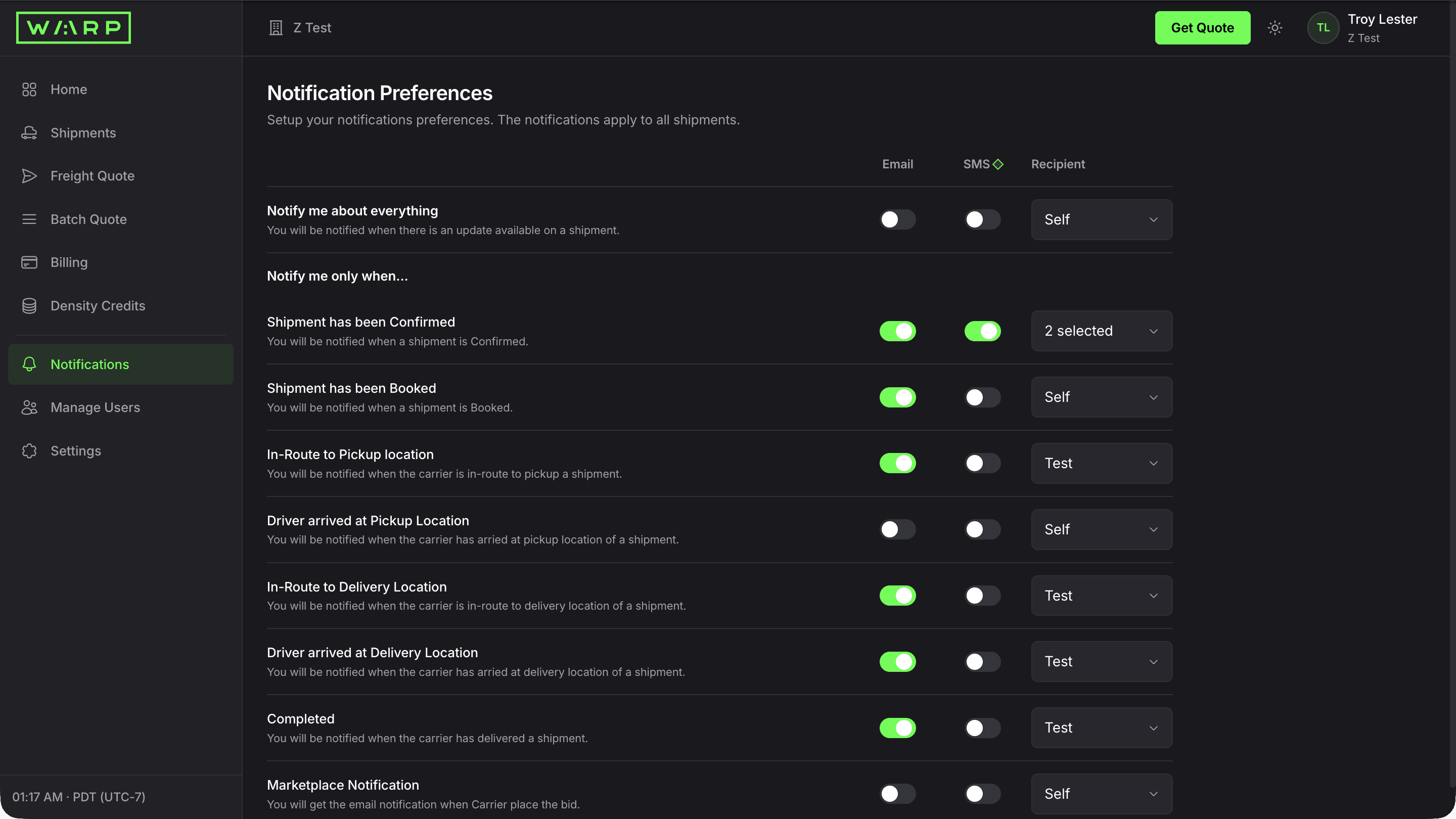 Notification Preferences page with Email and SMS toggle columns for each shipment milestone event, and a Recipient dropdown per row