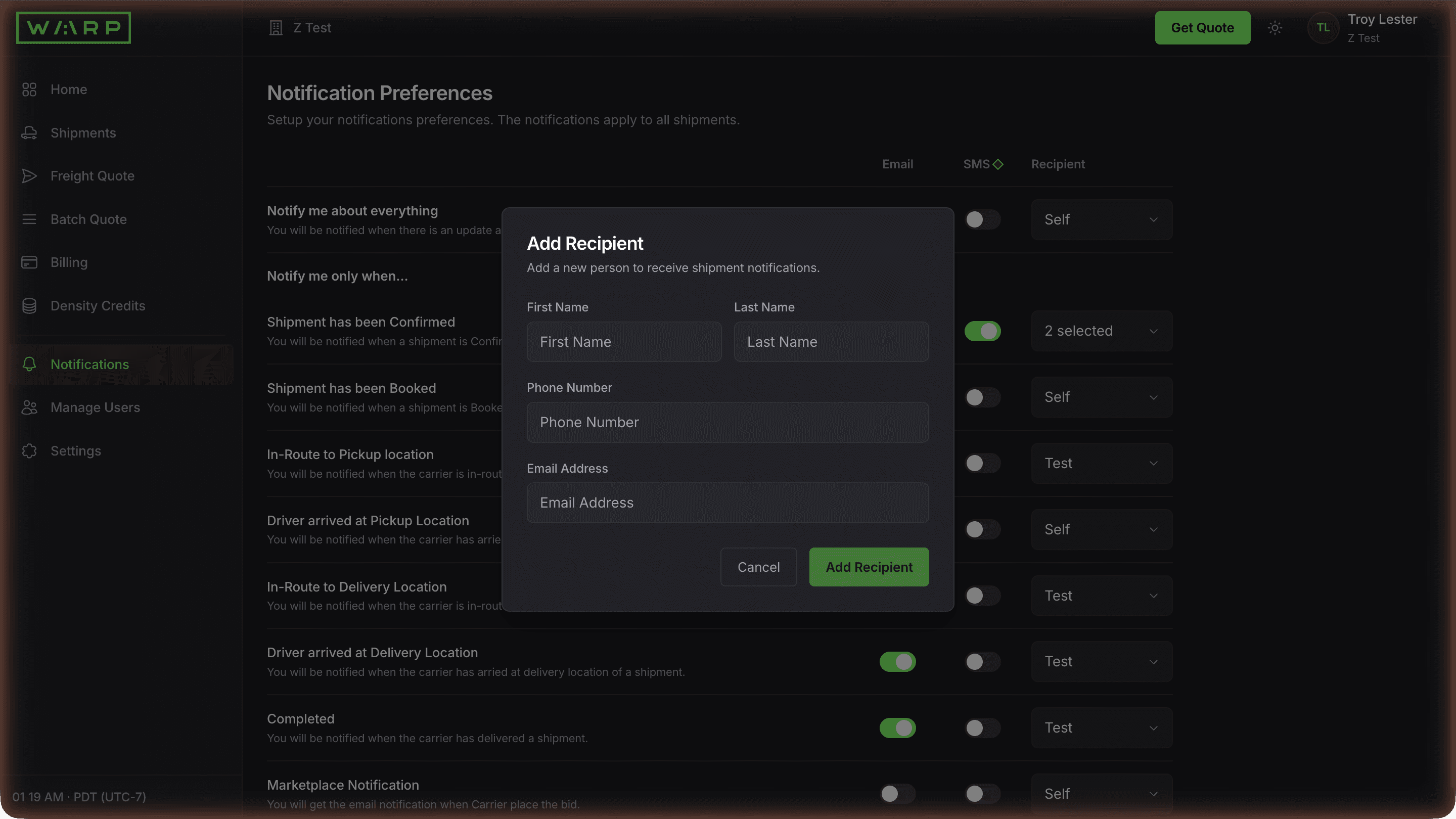 Add Recipient modal with First Name, Last Name, Phone Number, and Email Address fields, and a green Add Recipient button