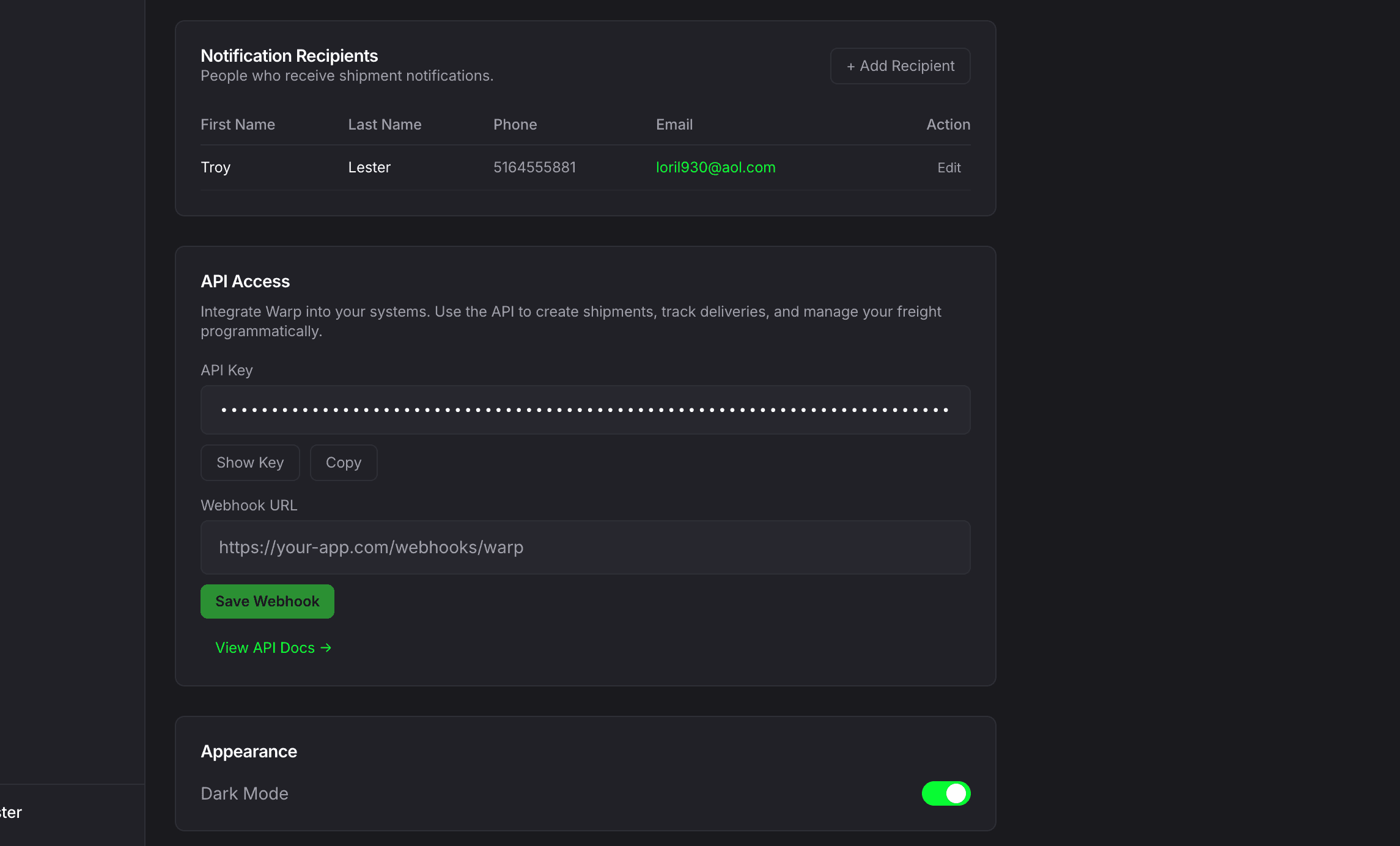 Settings page showing Notification Recipients table (Troy Lester, phone, email, Edit), API Access section with masked API Key (Show Key and Copy buttons), Webhook URL field with Save Webhook button, View API Docs link, and Appearance section with Dark Mode toggle enabled (green)