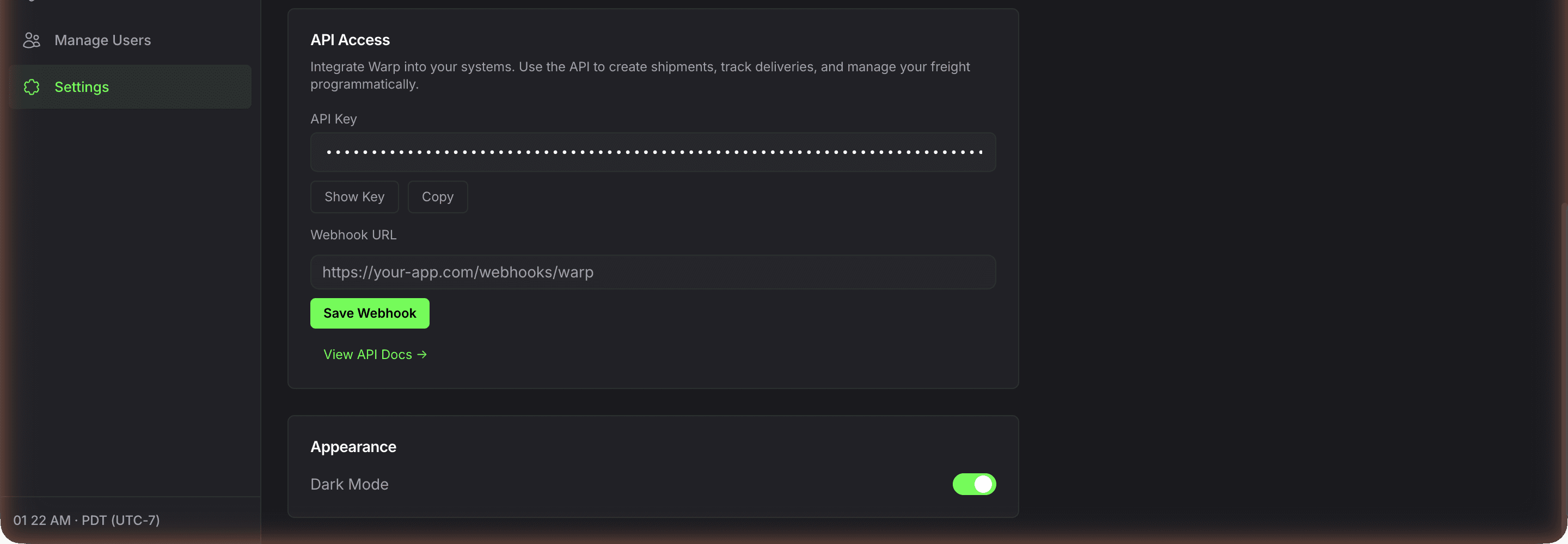 Settings page with API Access section showing masked API Key, Show Key and Copy buttons, Webhook URL field, Save Webhook button, View API Docs link, and Dark Mode toggle