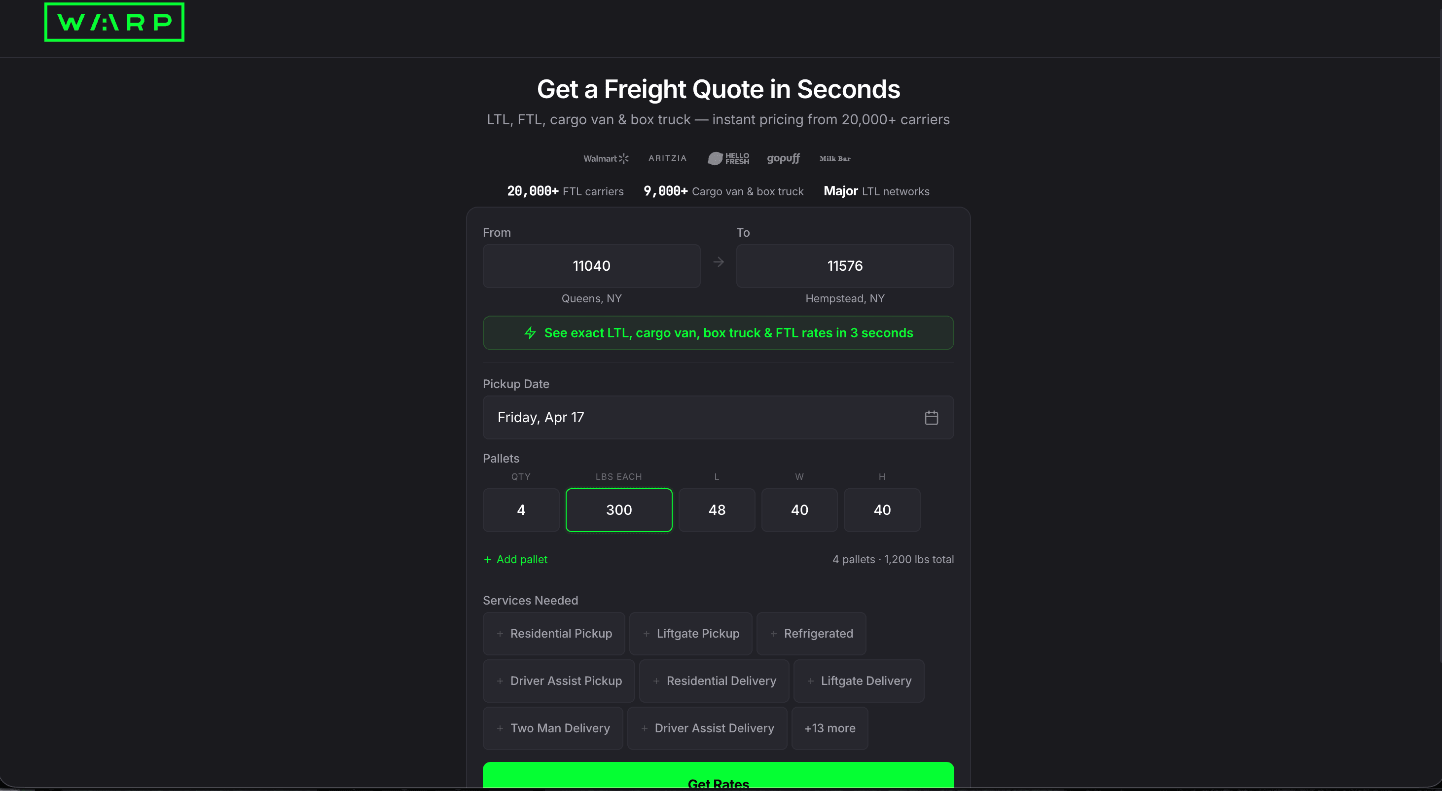 Public freight quote page at customer.wearewarp.com showing From 11040 Queens NY, To 11576 Hempstead NY, Pickup Date Friday Apr 17, 4 pallets at 300 lbs each 48x40x40 (1,200 lbs total), Services Needed toggles, and a green Get Rates button