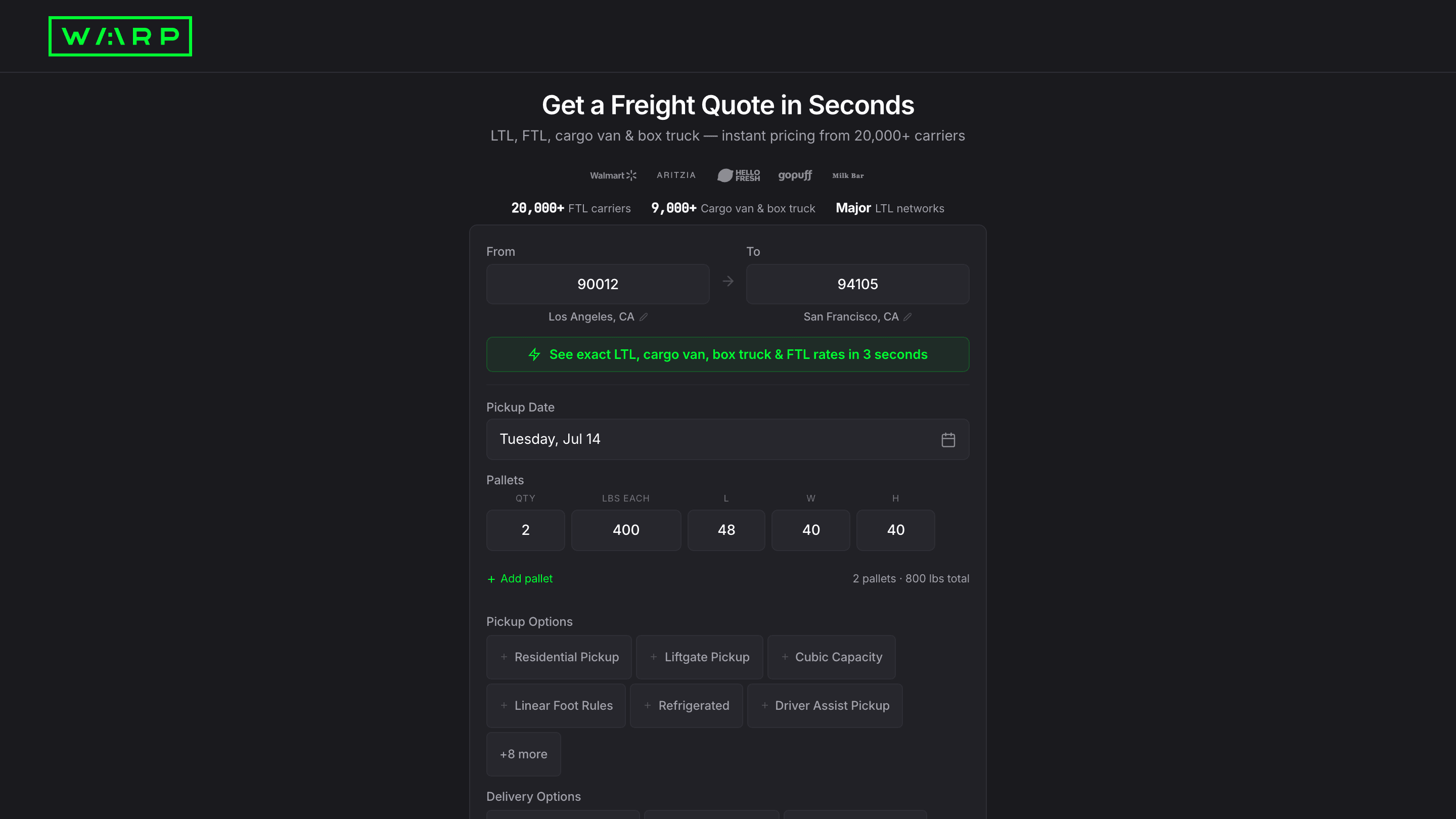 Public freight quote page at customer.wearewarp.com showing From and To ZIP fields, Pickup Date, pallet configurator with QTY/LBS/L/W/H fields, Services Needed toggles, and a green Get Rates button
