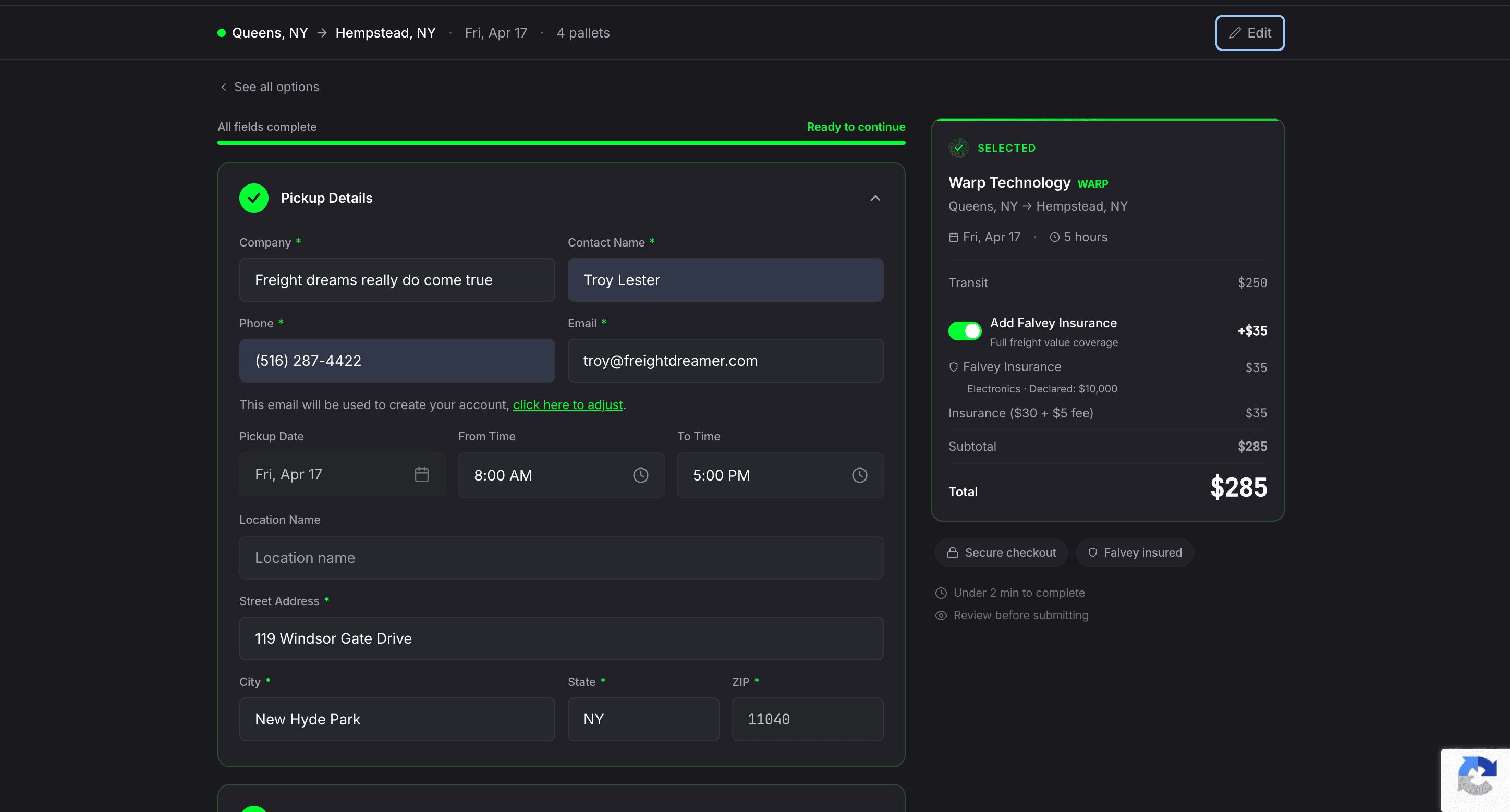 Checkout Pickup Details filled with company name, Troy Lester contact, phone (516) 287-4422, address 119 Windsor Gate Drive New Hyde Park NY 11040, and right sidebar showing Transit $258, Falvey Insurance +$35 added (Electronics, Declared $10,000), Subtotal $285, Total $285