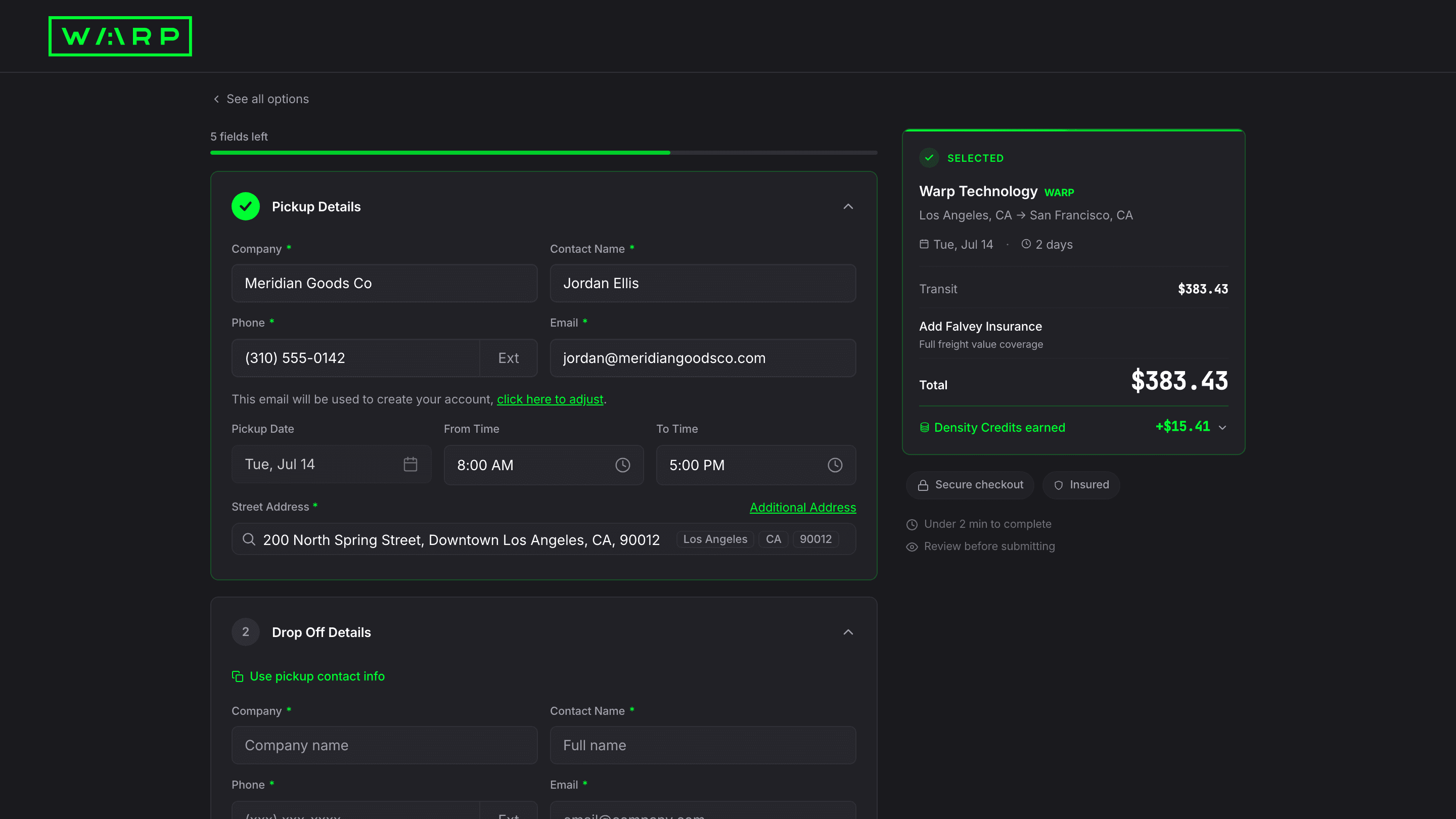 Checkout Pickup Details with company, contact, phone, email, address fields filled in, and right sidebar showing transit cost, Falvey Insurance added, and running total