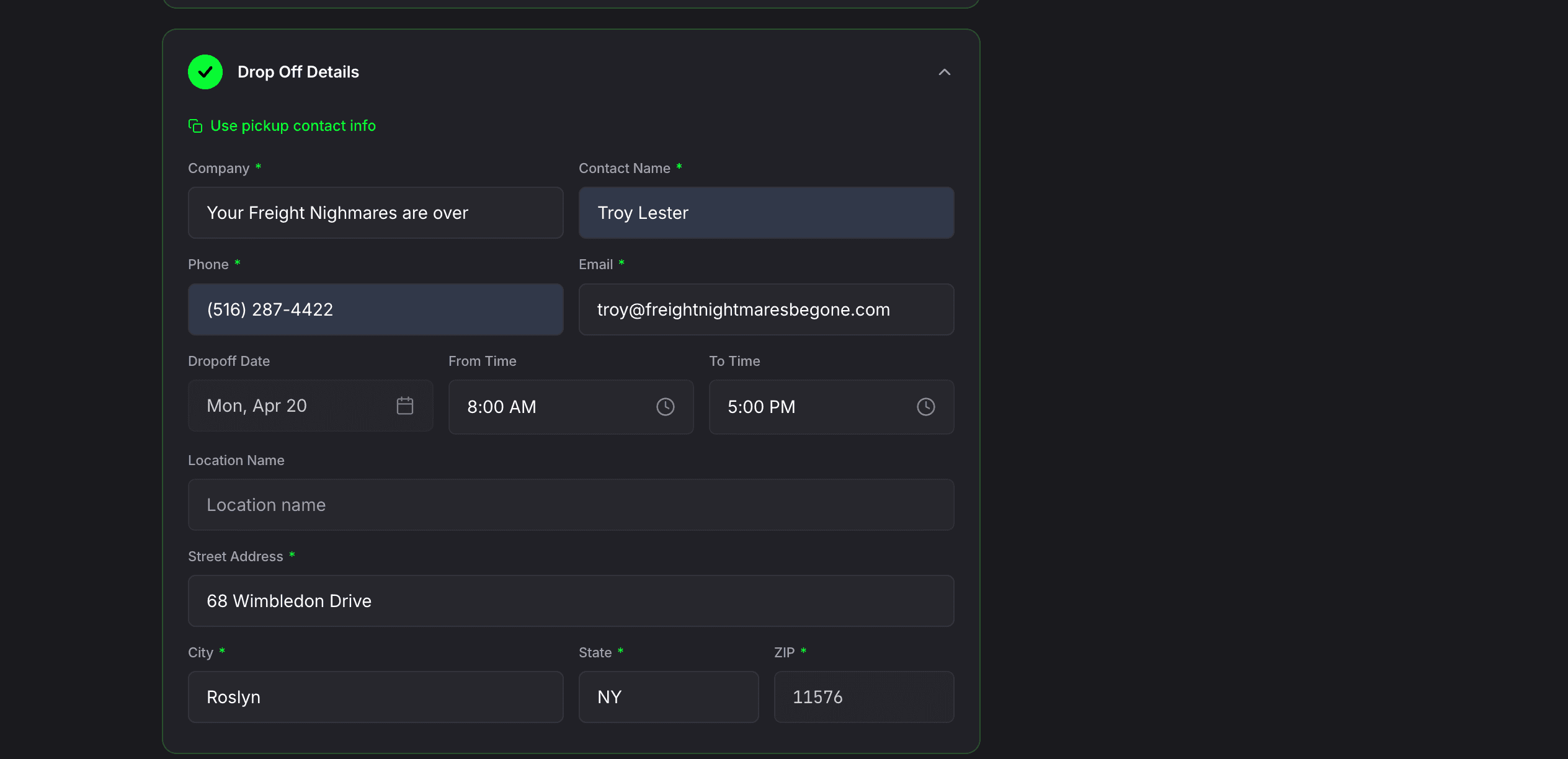 Drop Off Details section with Use pickup contact info shortcut and filled delivery address, contact, and date fields