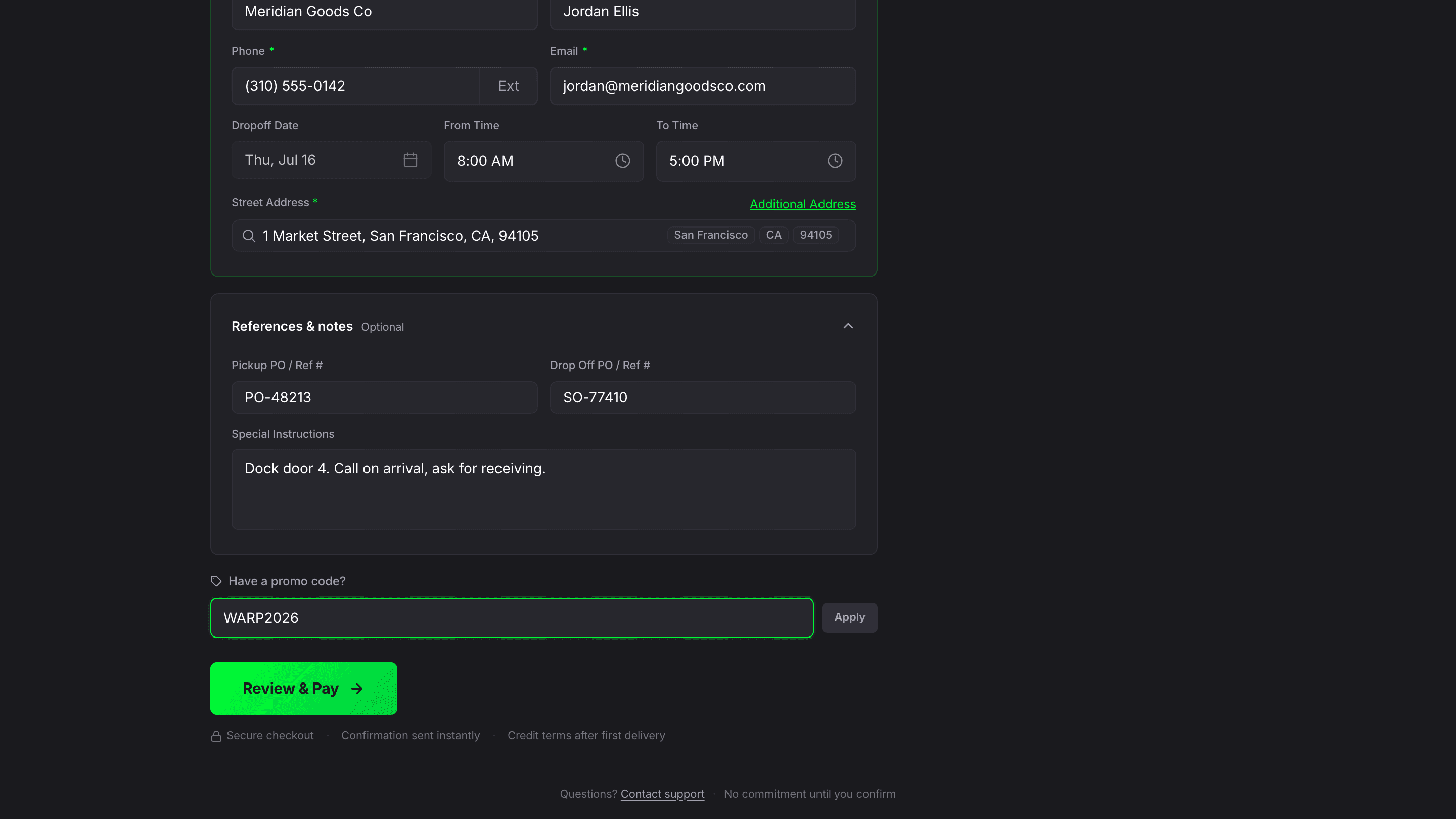 References and notes section with PO/Ref fields, Special Instructions text area, promo code field, and a green Review and Pay button