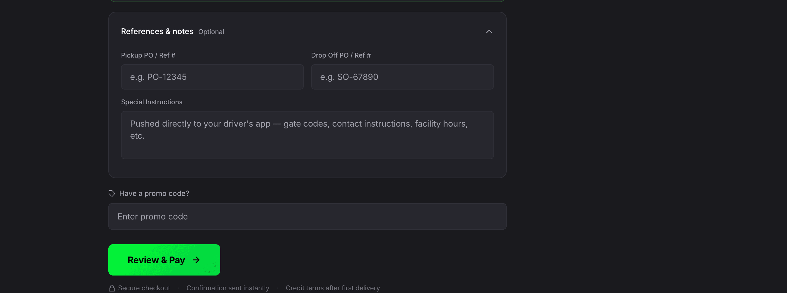 References and notes section with PO/Ref fields, Special Instructions text area, promo code field, and a green Review and Pay button