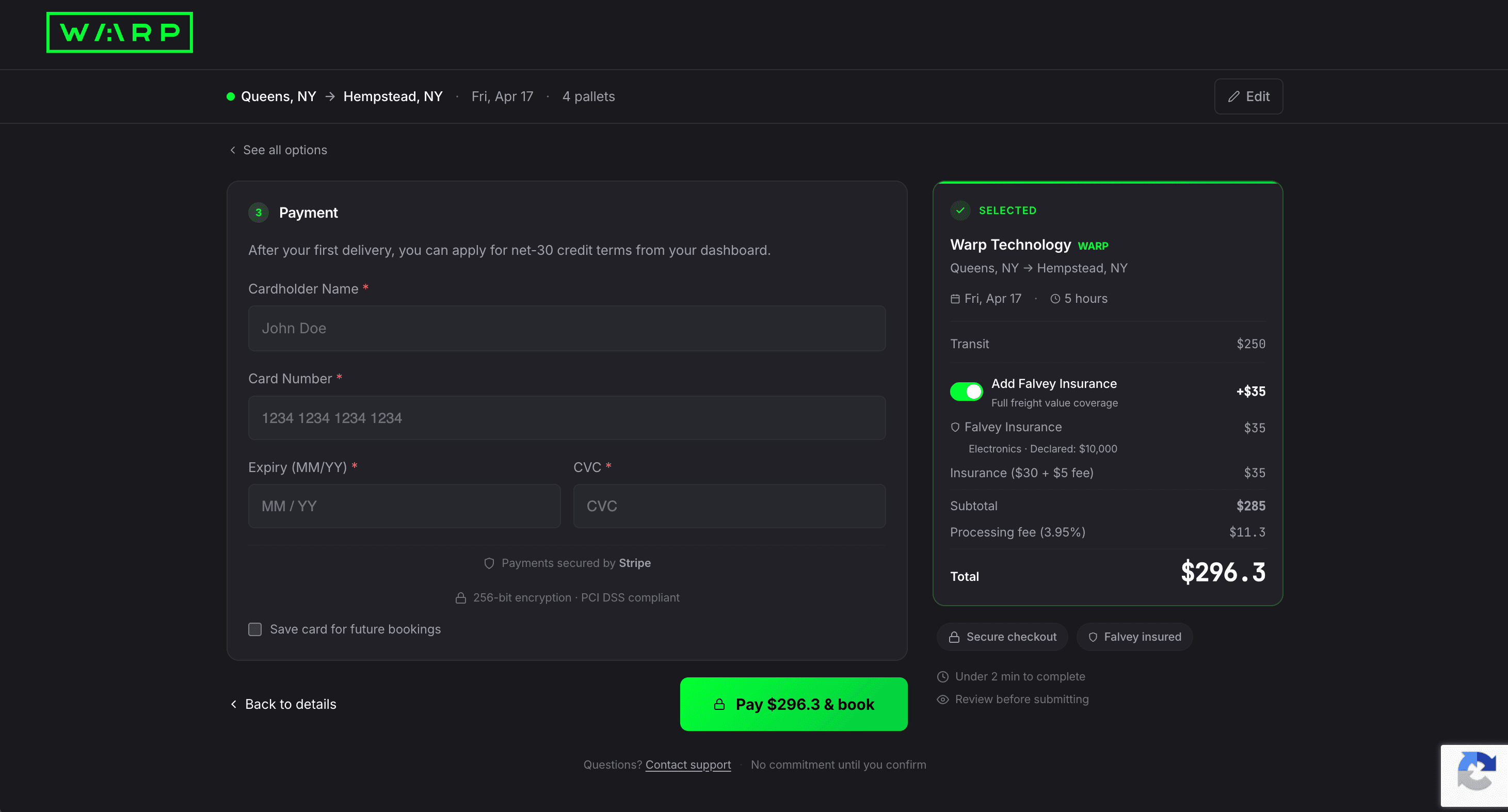 Payment page with Stripe card fields, sidebar cost breakdown showing transit, insurance, processing fee, and total, with a green Pay and book button